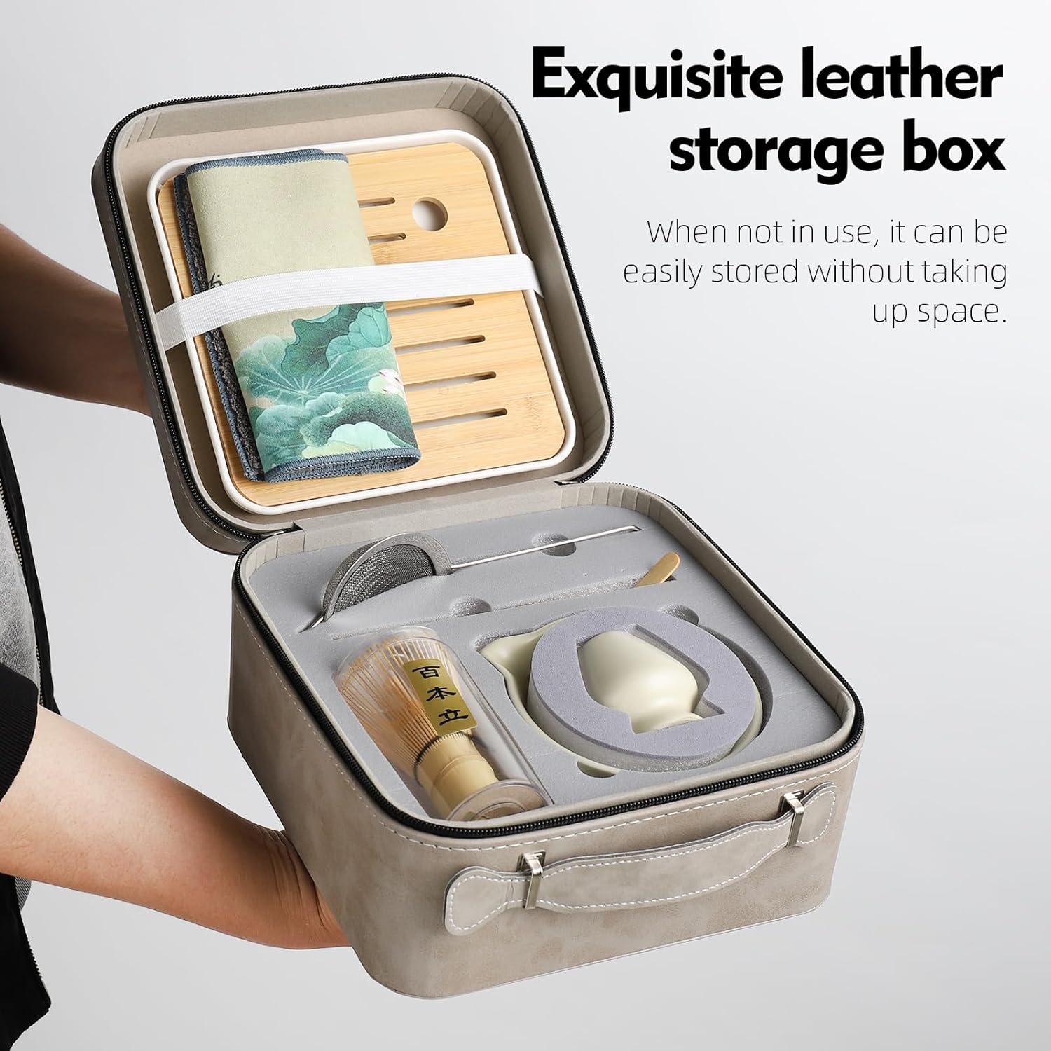 Matcha whisk Set, 8 Pcs Matcha Set with Holder/Scoop/Sifter/Leather Storage Box, 14 OZ,Perfect Matcha Kit for Tea Ceremony,Japanese Tea Making Tools (Beige) - Image 6