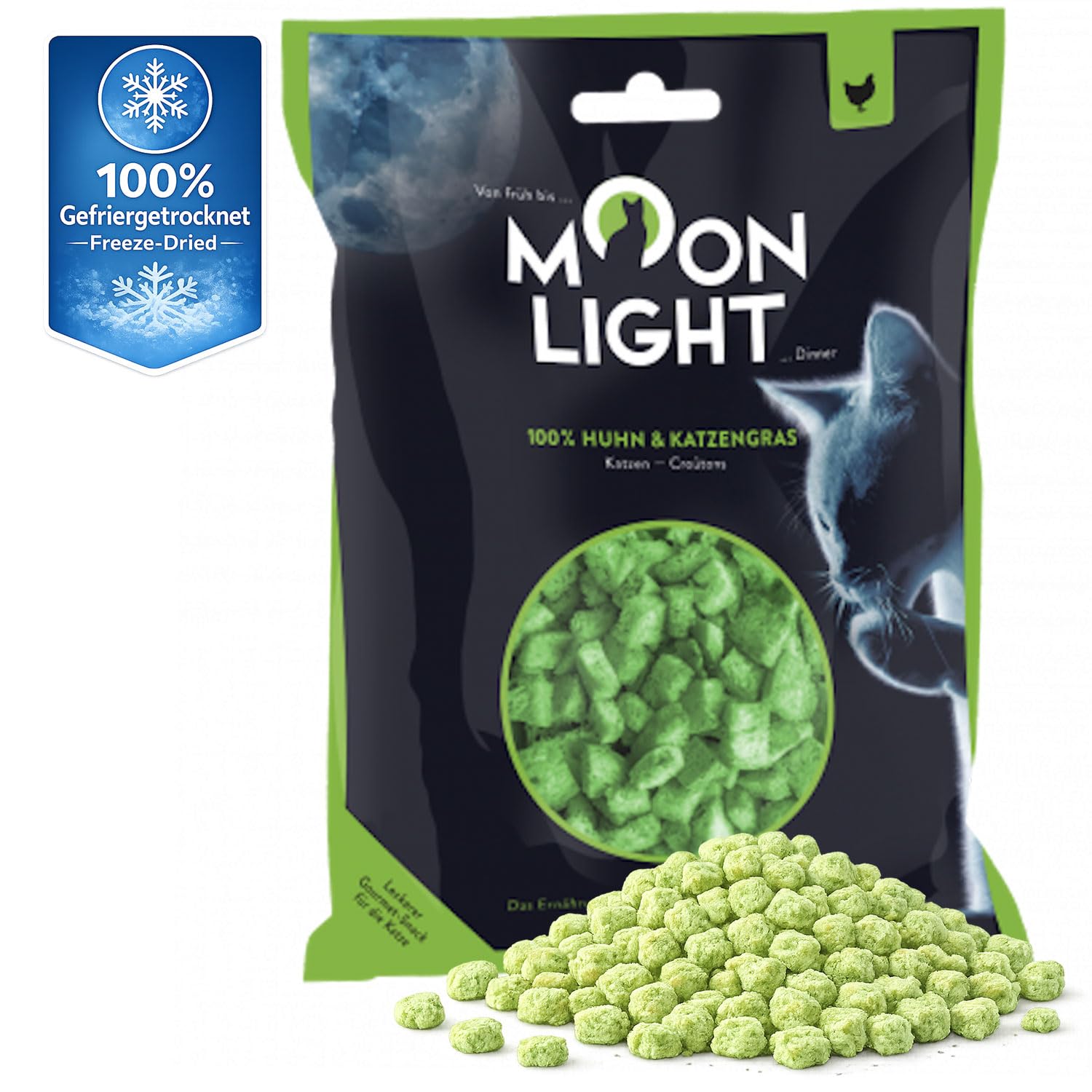 Moonlight Lot de 10 paquets de croûtons pour chat – Poulet et herbe à chat, lyophilisé, collation & garniture pour chat de qualité supérieure, sans céréales ni sucre