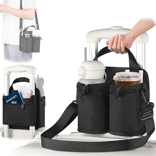 Luggage Cup Holder, Travel Drink Holder Bag with Shoulder Strap, Luggage Cup Caddy with Zipper Pocket, Suitable for Most Suitcase Handles Can Hold