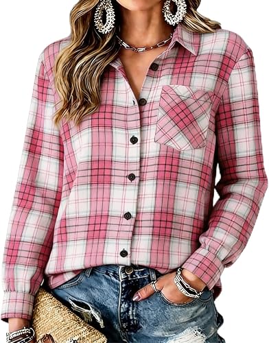 Womens Flannel Shirt Trendy Fall Plaid Long Sleeve Button Do