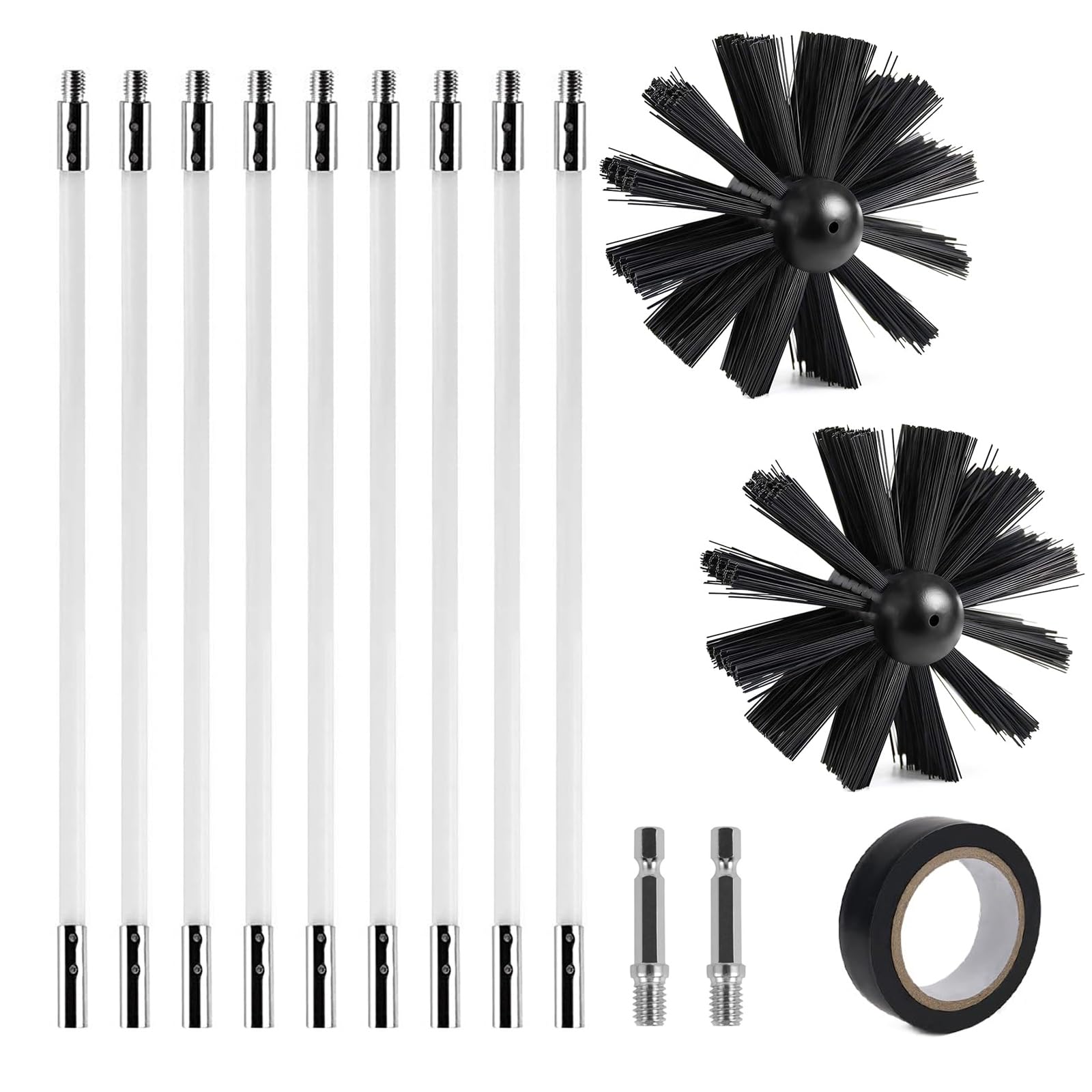 Spazzola Pulizia Camino 150mm con 9 Aste in Nylon 410mm e 2 Testine, Nylon Rotante Flessibile
