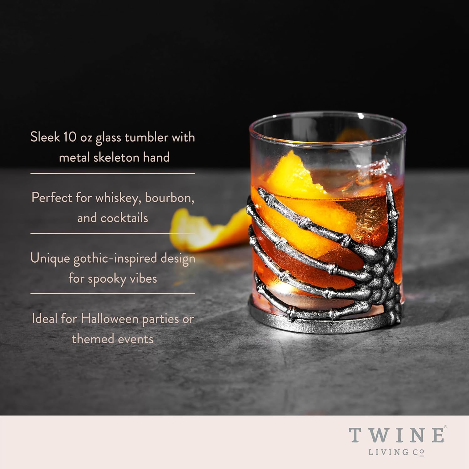 Twine Skeleton Hand Cocktail Tumbler, Gothic Whiskey Glass with Metal Skeleton Wrap, Spooky Halloween Barware for Bourbon, Cocktails & More, 10 oz., Set of 1 - Image 2