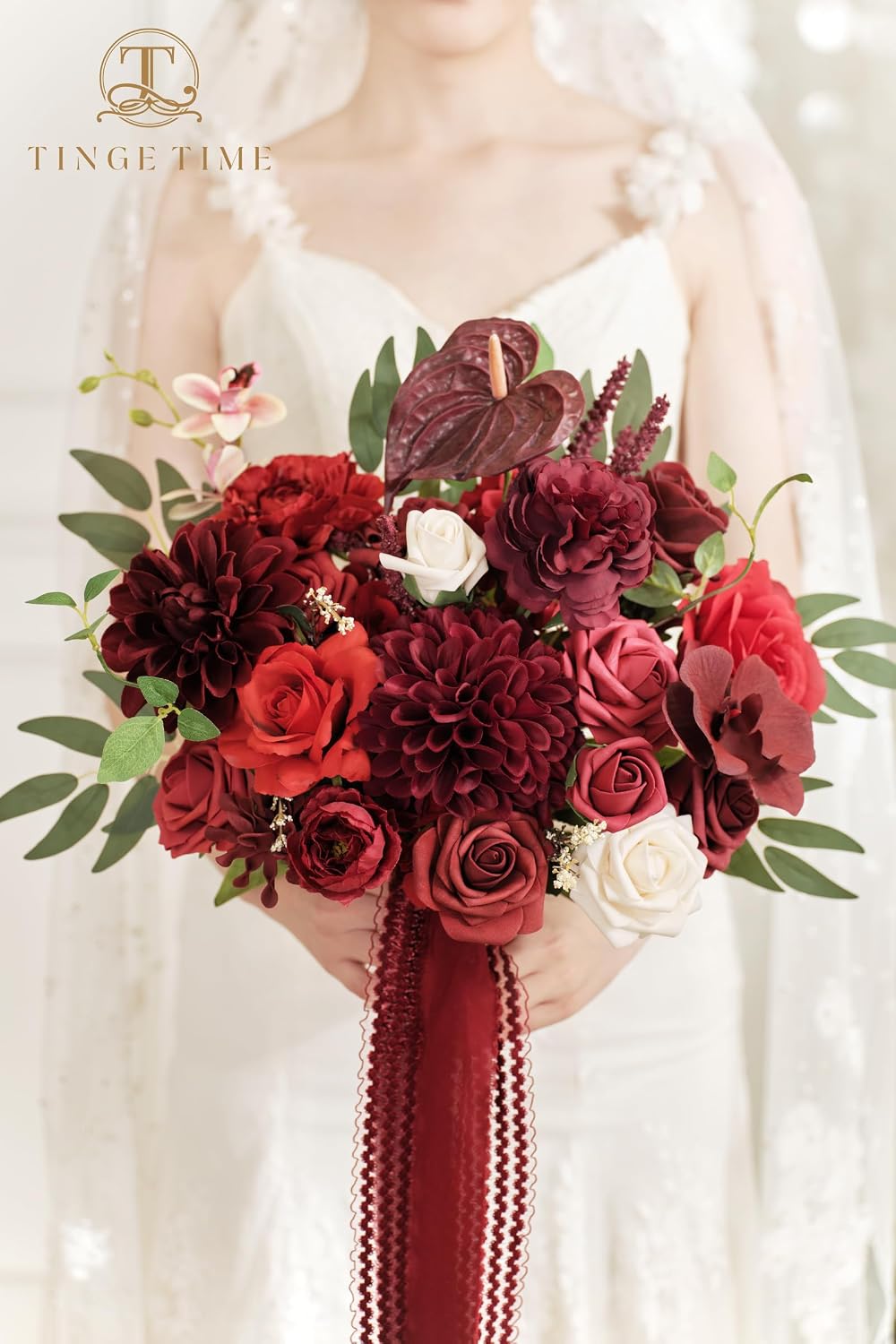TINGE TIME 11 Inch Wedding Bouquets for Bride, Burgundy Artificial Flowers Bouquet, Brides & Bridesmaids Bouquet Tossing Bouquet for Wedding Anniversary Ceremony Bridal Shower Decorations