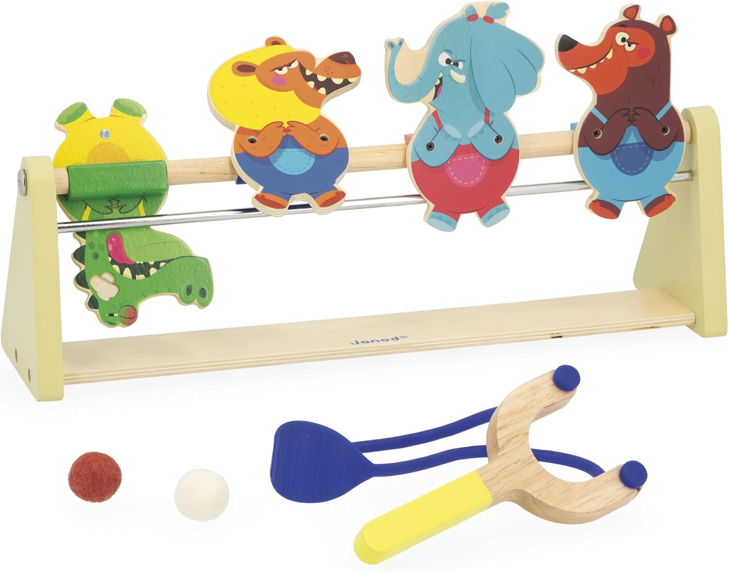 Janod - Applepop Slingshot Shooting Gallery 2.9 x 4.3 inches - Interactive Play - Engaging Gameplay with Unique Characters - Portable Design, Skill Enhancement, Endless Fun