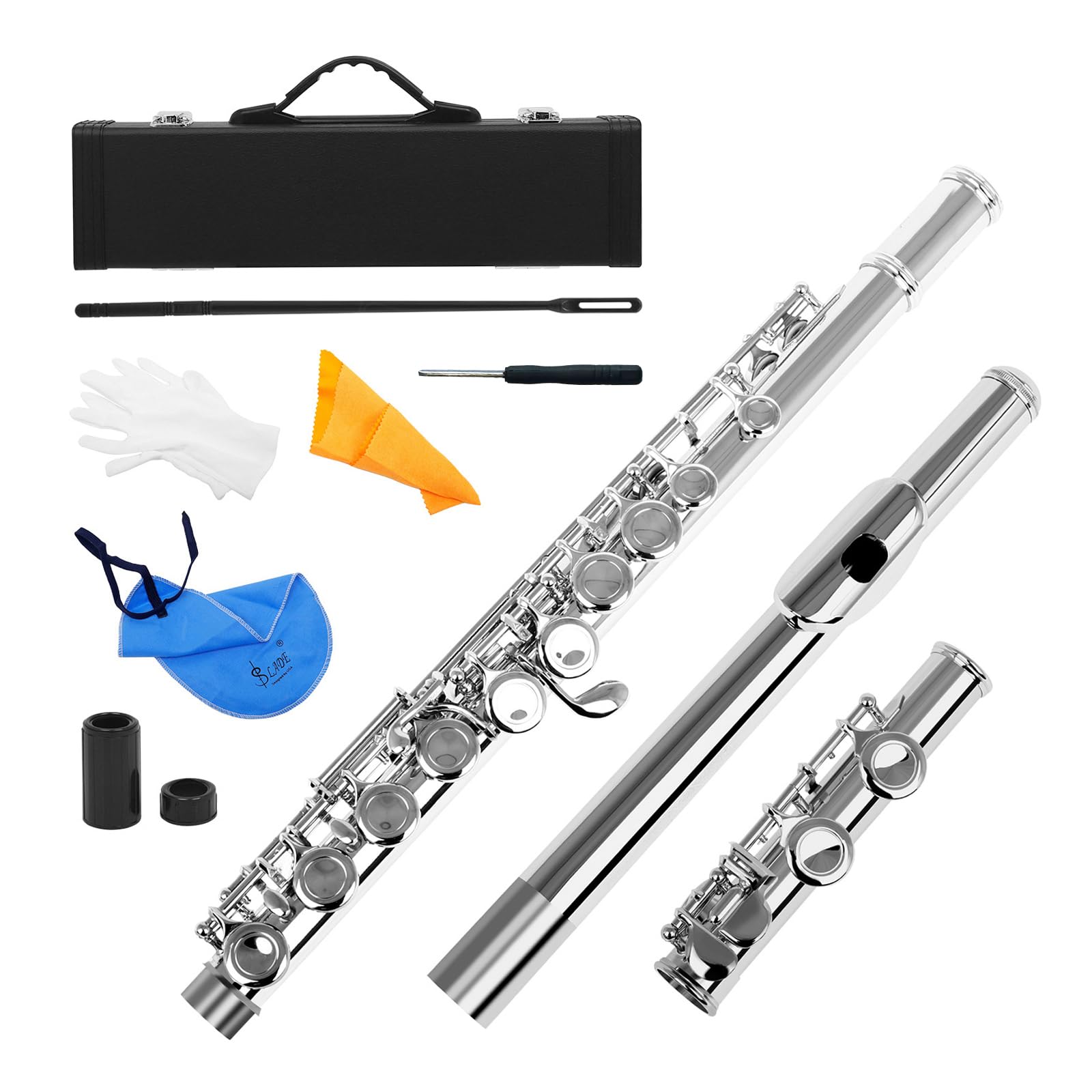 COMETX Cupronickel Plated Silver Flute Western Concert Flute Cupronickel Nicke Plated 16 Holes C Key Woodwind Instrument with Cleaning Cloth Stick Gloves Mini Screwdriver Padded Case