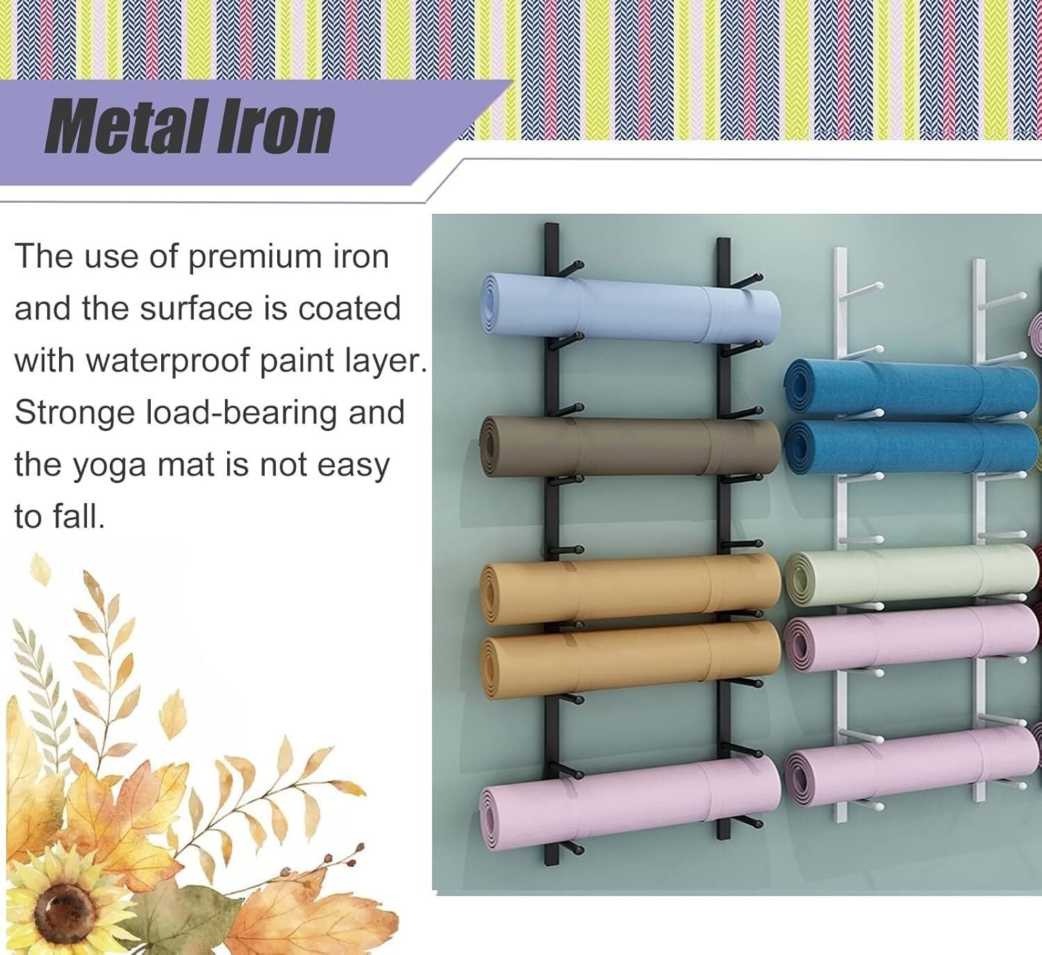 LXXW Yogamatten-Halter Yogamatten-Gewichtsständer, 9-stufige Wandhalterung, Schaumstoffrolle, Yogamatten-Aufbewahrungsregal for den Innenbereich, Fitnessstudio/Trainingsraum Wandhalterung(Bianco)