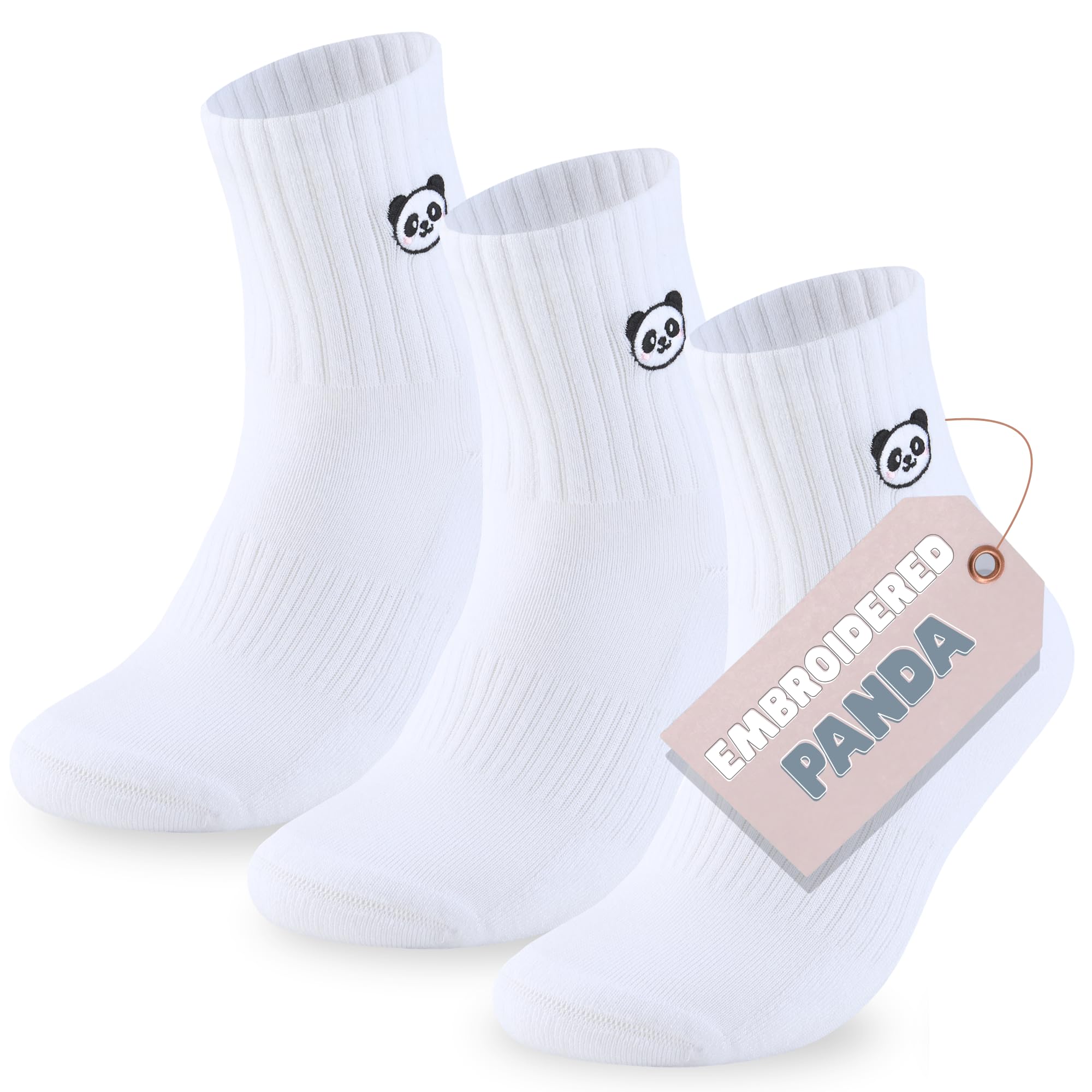 Premium Embroidered Panda Bamboo Crew Socks for Women | Seamless, Cushioned, Breathable, Cosy | 3 Pairs | UK 4-8 | Ivory