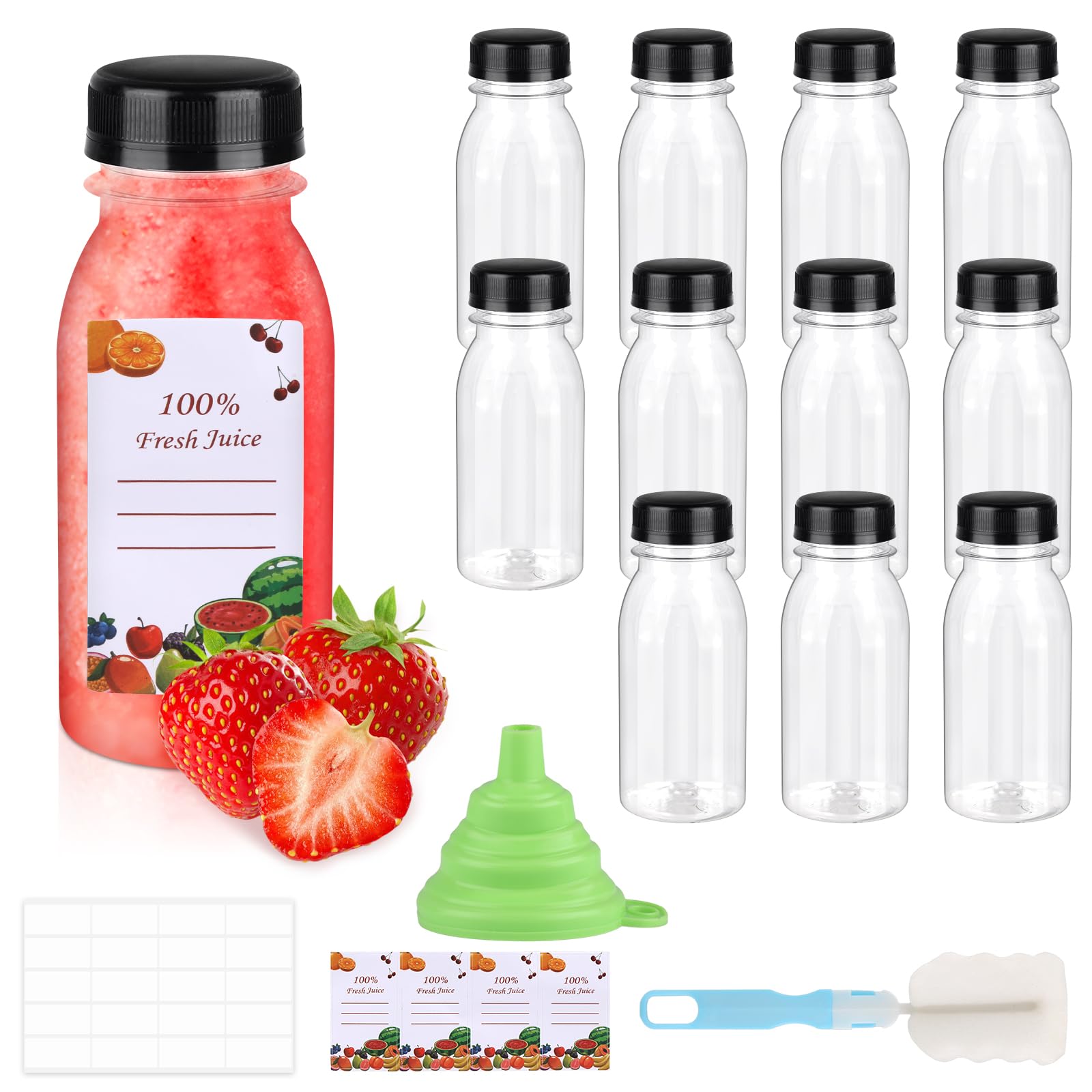 Famcuche 120Ml 12 Pack Plastic Bottles With Lids, 4.06 Oz Juice Bottles With Lids Funnel And Brush, Reusable Empty Shot Bottle With Lids, Smoothie Bottle For Juicing, Drinking And Other Beverages