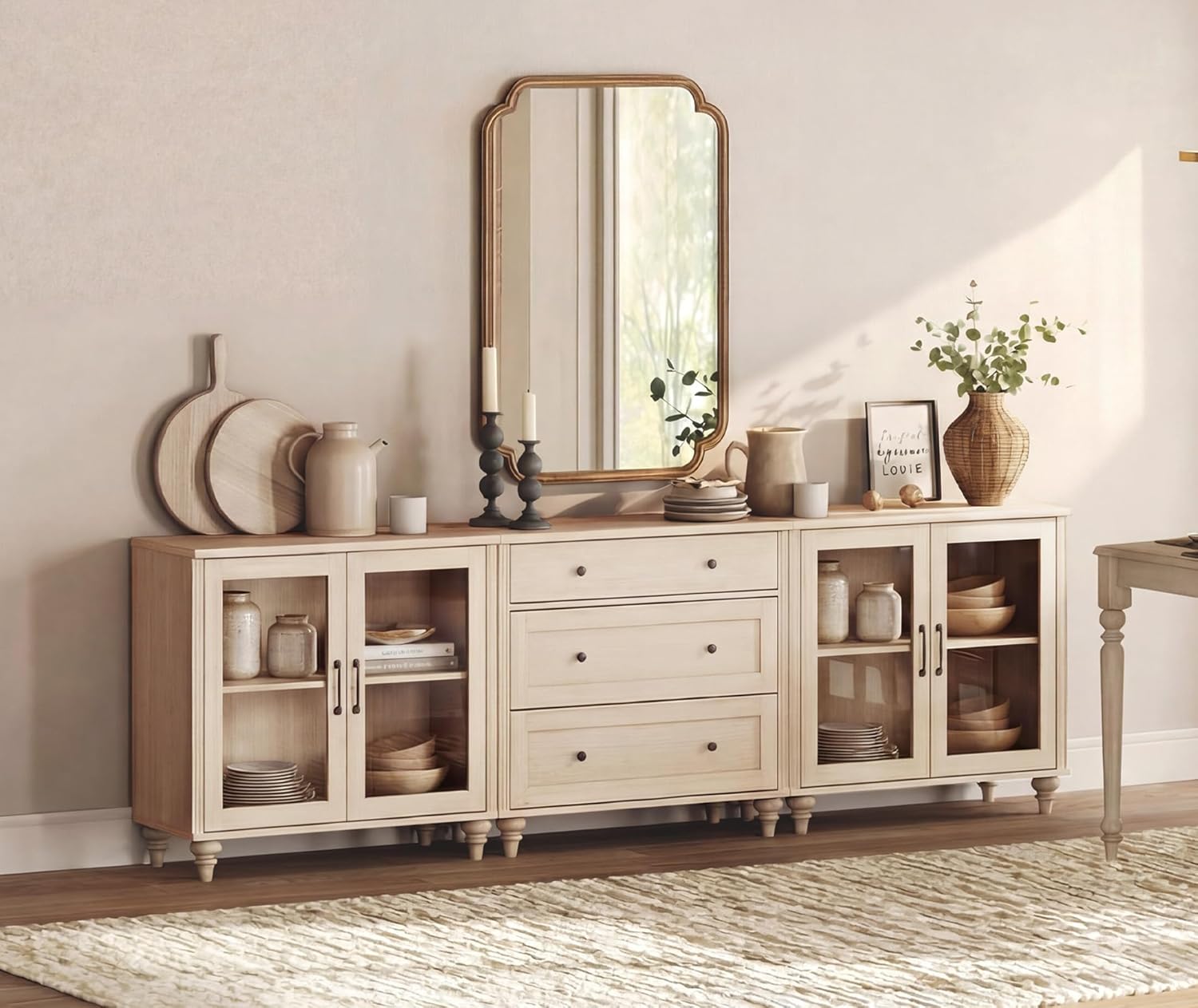 WAMPAT 3-in-1 Sideboard Buffet Cabinet with Storage, Kitchen Pantry Storage Cabinet with Glass Door & Drawer, Console Table Entertainment Center for Living Room Dining Room, Light Oak(3PCS)