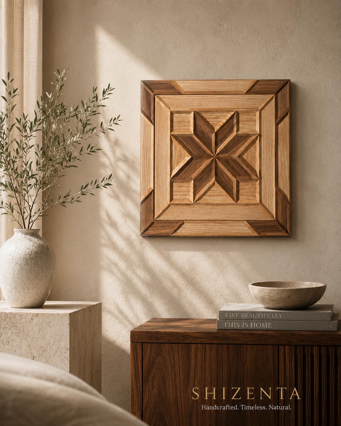 Shizenta Handmade Wooden Mosaic Wall Art, Sheesham & Pine Wood Decor | Geometric Star Pattern, Two-Tone Wood Finish, Decorative Inlay, Classic Style, Square Tile-image-33
