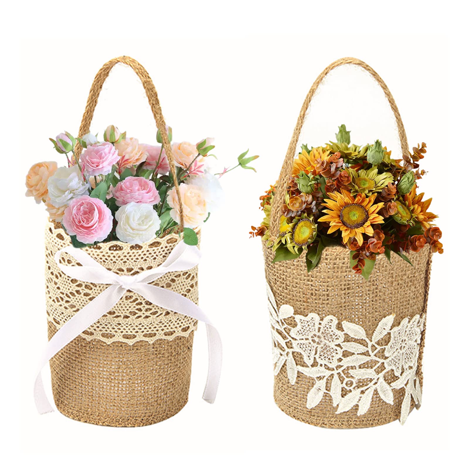 Lazyspace Set of 2 Wedding Flower Basket Rustic Burlap Flower Girl Basket Wedding Vintage Storage Bags for Wedding Anniversary Farmhouse Party Photo Props