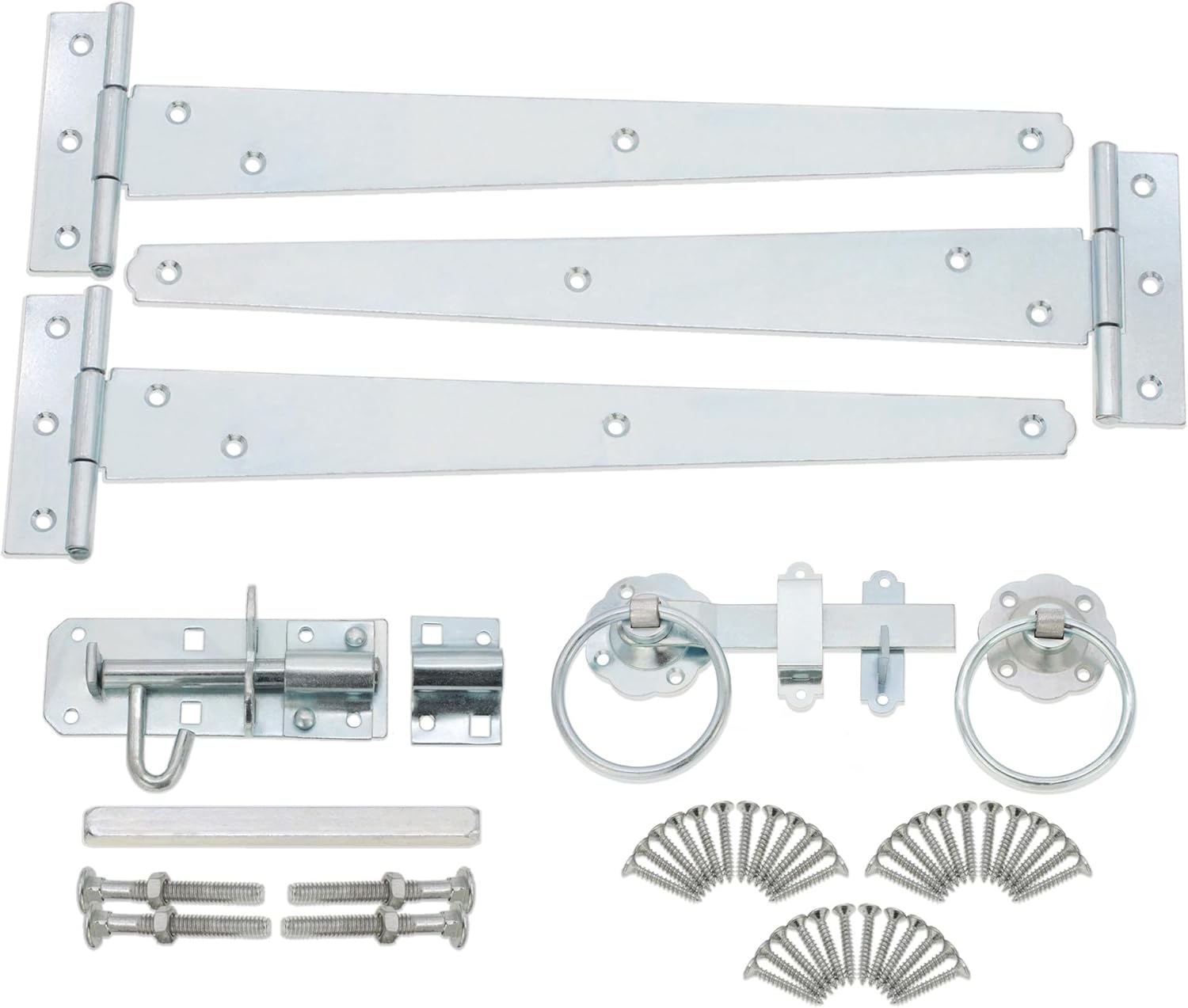 Heavy Duty 12” (330mm) T Hinges (3) with Plain Ring Gate Latch and Brenton Bolt Pack in Galvanized Zinc Finish - Garden Gate Fitting Kit for Wooden Shed Doors  and Garage Gates