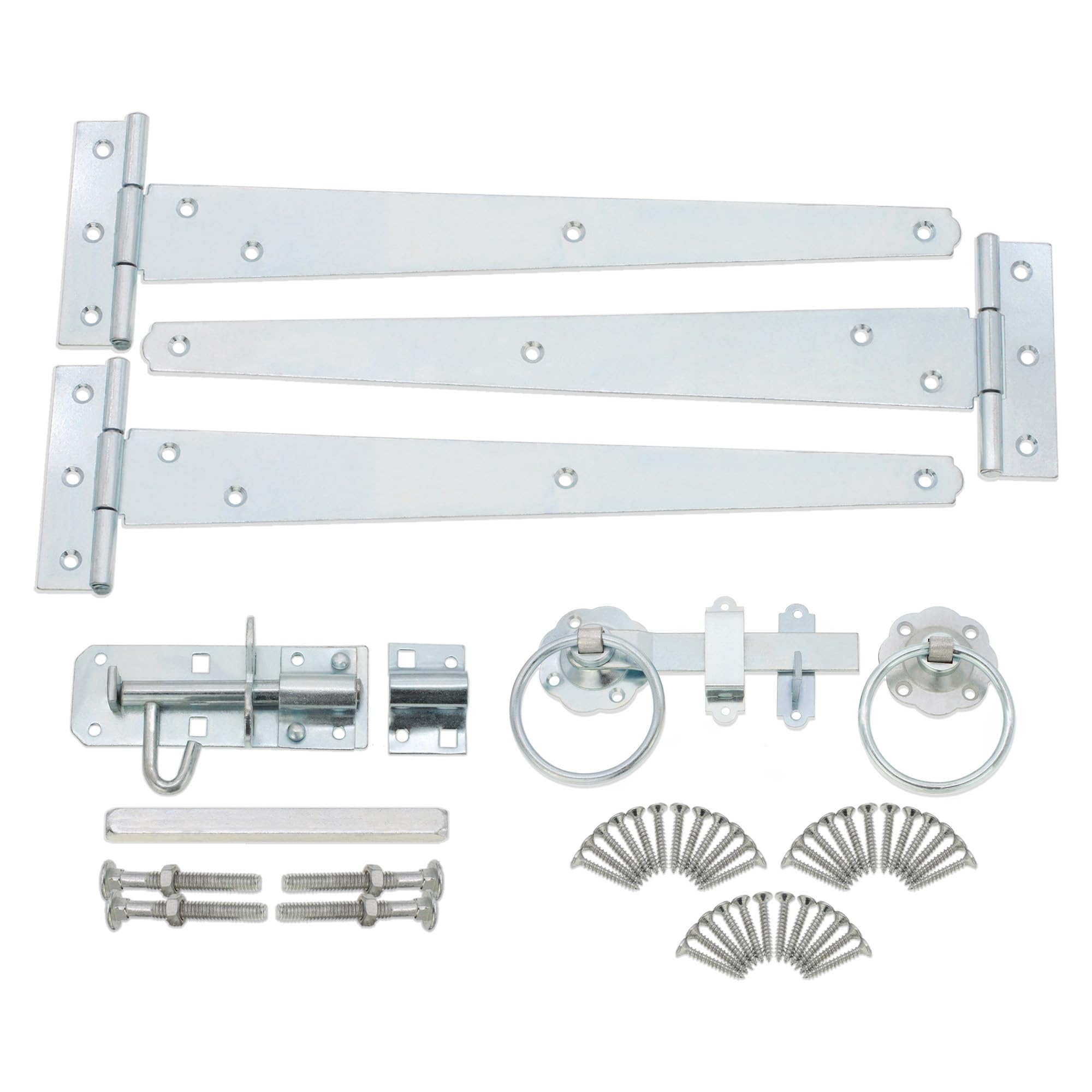 Heavy Duty 12” (330mm) T Hinges (3) with Plain Ring Gate Latch and Brenton Bolt Pack in Galvanized Zinc Finish