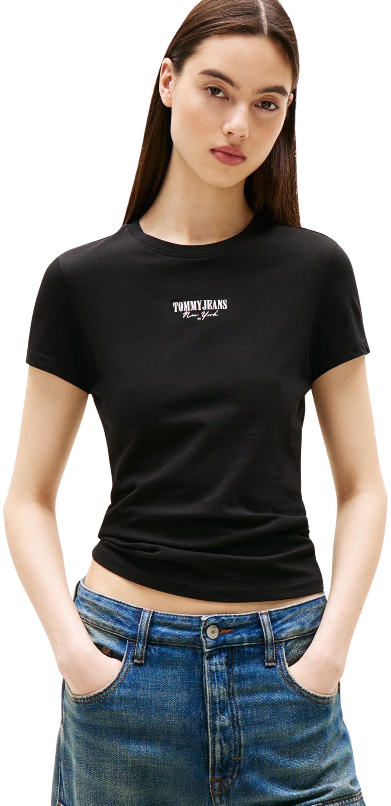 Tommy Jeans Women’s Short Sleeve Slim Essential Logo Cropped T-Shirt, Black (Black), M
