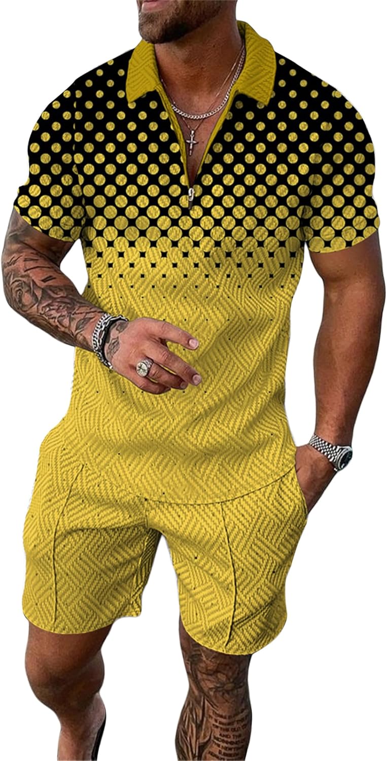 MQUN Summer men short sets outfits 2 Piece Short Sleeve Polo Shirt Shorts Set men short sets outfits Casual Sport Suit