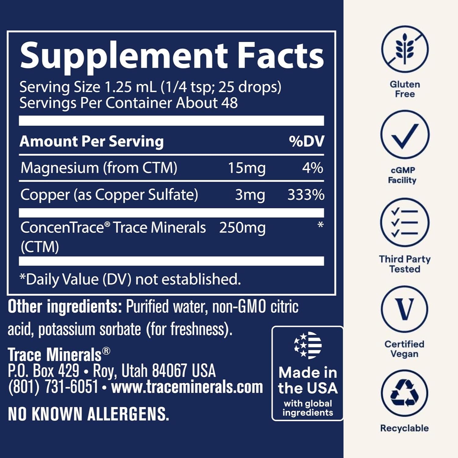Trace Minerals | Flüssiges ionisches Kupfer 3 mg Nahrungsergänzungsmittel | Antioxidatives Enzym Superoxid-Dismutase | Unterstützt die Blutgesundheit, Nerven und Stoffwechsel 59ml, 48 Portionen