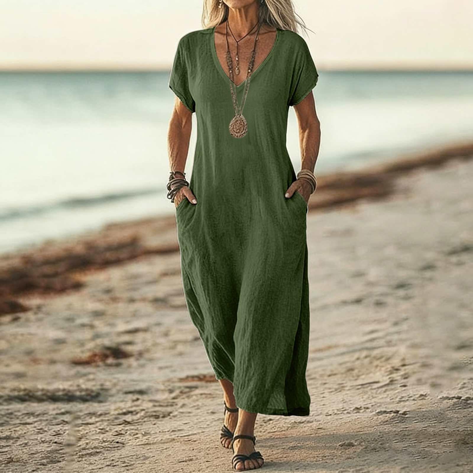 Robe Femme en Coton et Lin Ample à Col en V Manches Courtes Légère Ample Robes avec Poche Boheme Chic Longue Robe D'Été Pas Cher