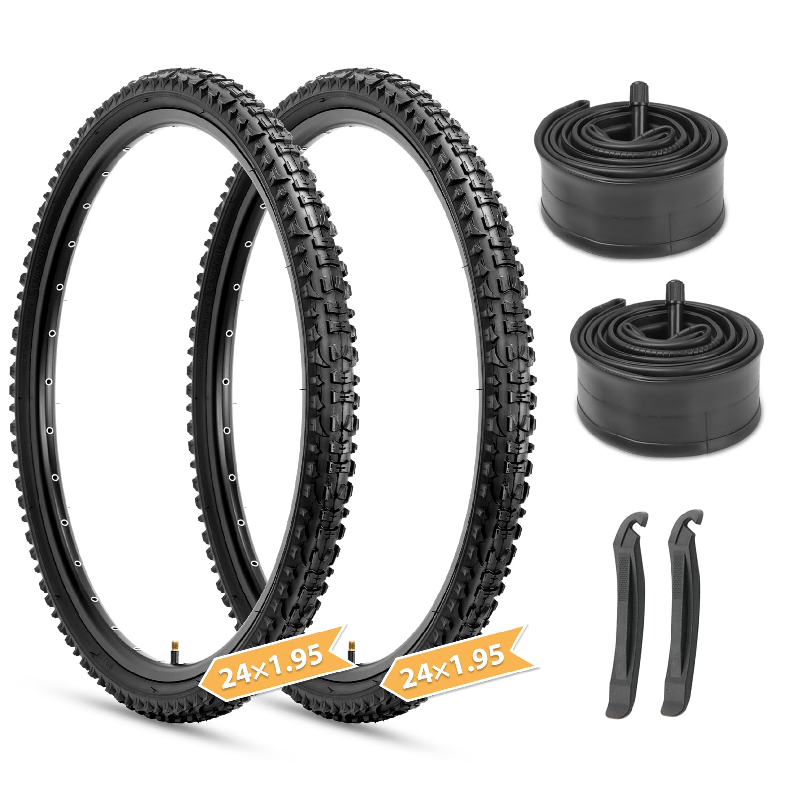 Hycline Mountain Bike Tires Set: 2-Pack 20/24/26x1.95 Inch Folding Replacement High-Density Bicycle Tires and Pair Inner Tubes with Tire Levers