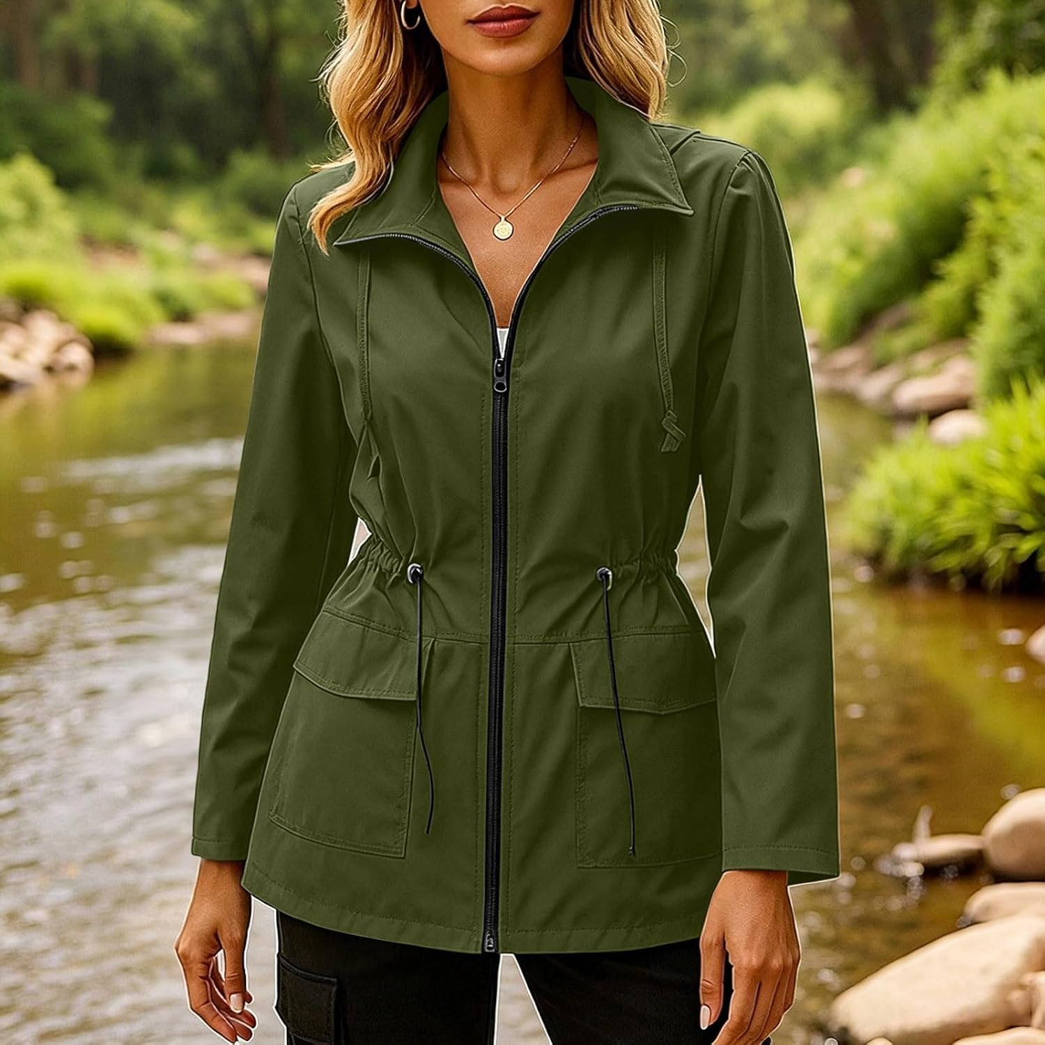 Womens Rain Jackets Lightweight Waterproof Raincoat Windbreaker Trench Coats Waist Drawstring Zip Up Casual Jacket