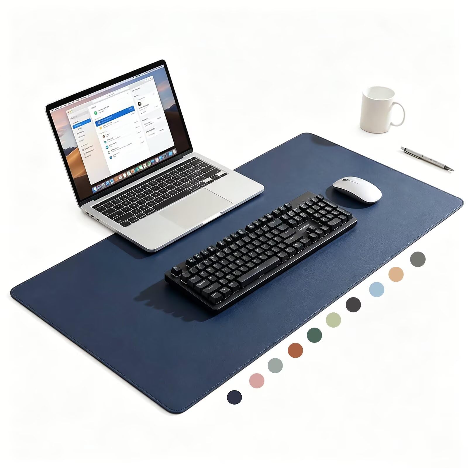 LCYFBE Felt and Leather Desk Mat - Dark Blue - 60 X 75cm Felt and Vegan Leather Desk Blotter - Large Computer Mats for Desktop - Ideal Keyboard Mat for Office and Home