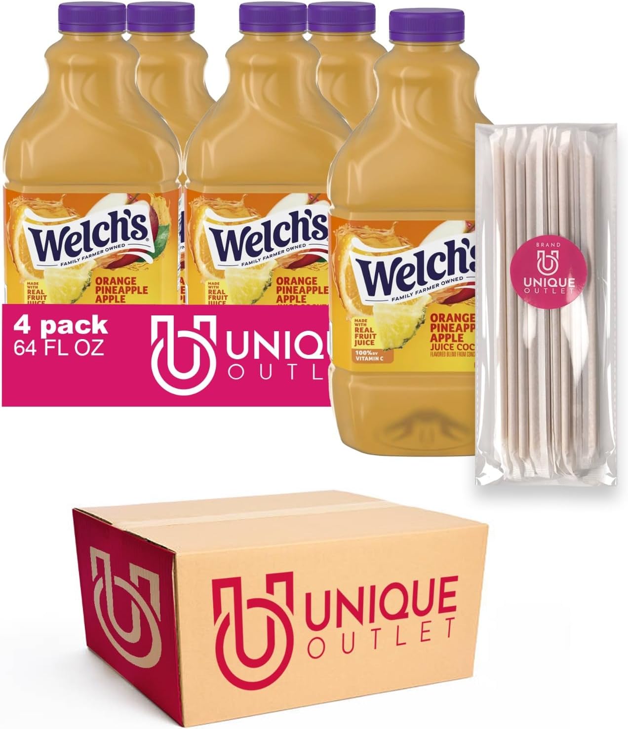 Welch 4-Pack of 100% Orange-Pineapple-Apple Juice, 64 fl oz Plastic Bottle + 25 Sugarcane Food Grade Disposable Straws by Unique Outlet Brand