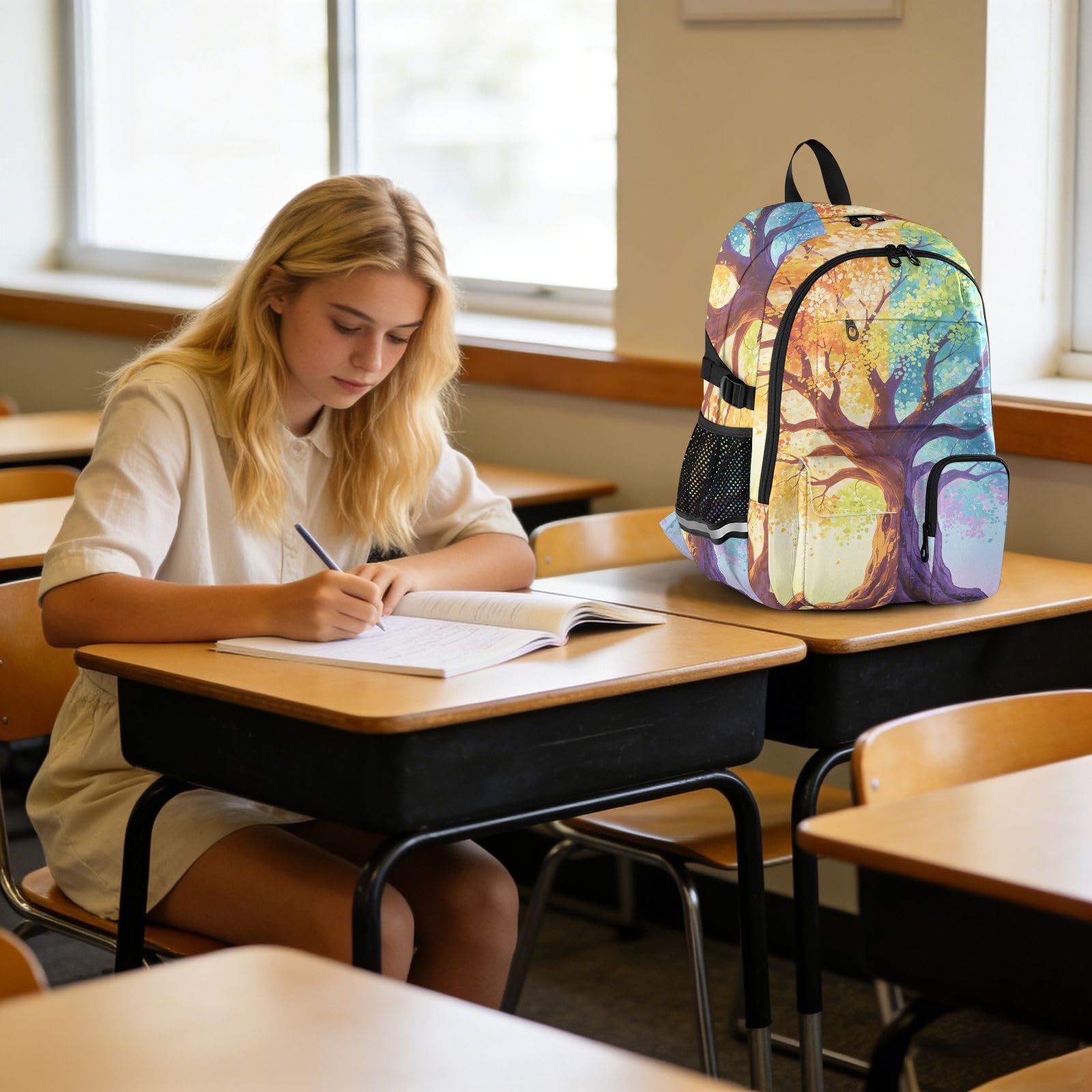 Rucksack mit buntem Baummuster und mehreren Taschen für Schule, Reisen, Outdoor, Uni, 44,5 cm (17,5 Zoll) Laptop-Rucksack für Damen und Herren