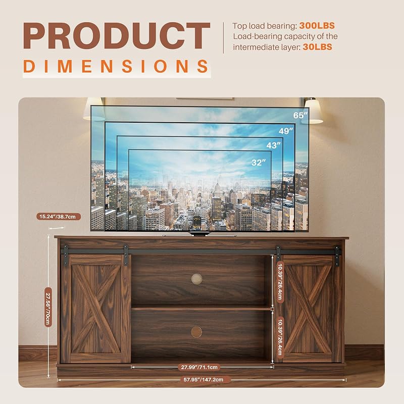 Sweetcrispy Farmhouse TV Stand for Living Room Bedroom Brown 65 Inch, Tall Entertainment Center with Storage Shelves, Media Console Cabinet with Wood Board, 300 LBS Capacity and Sliding Barn Door image 3