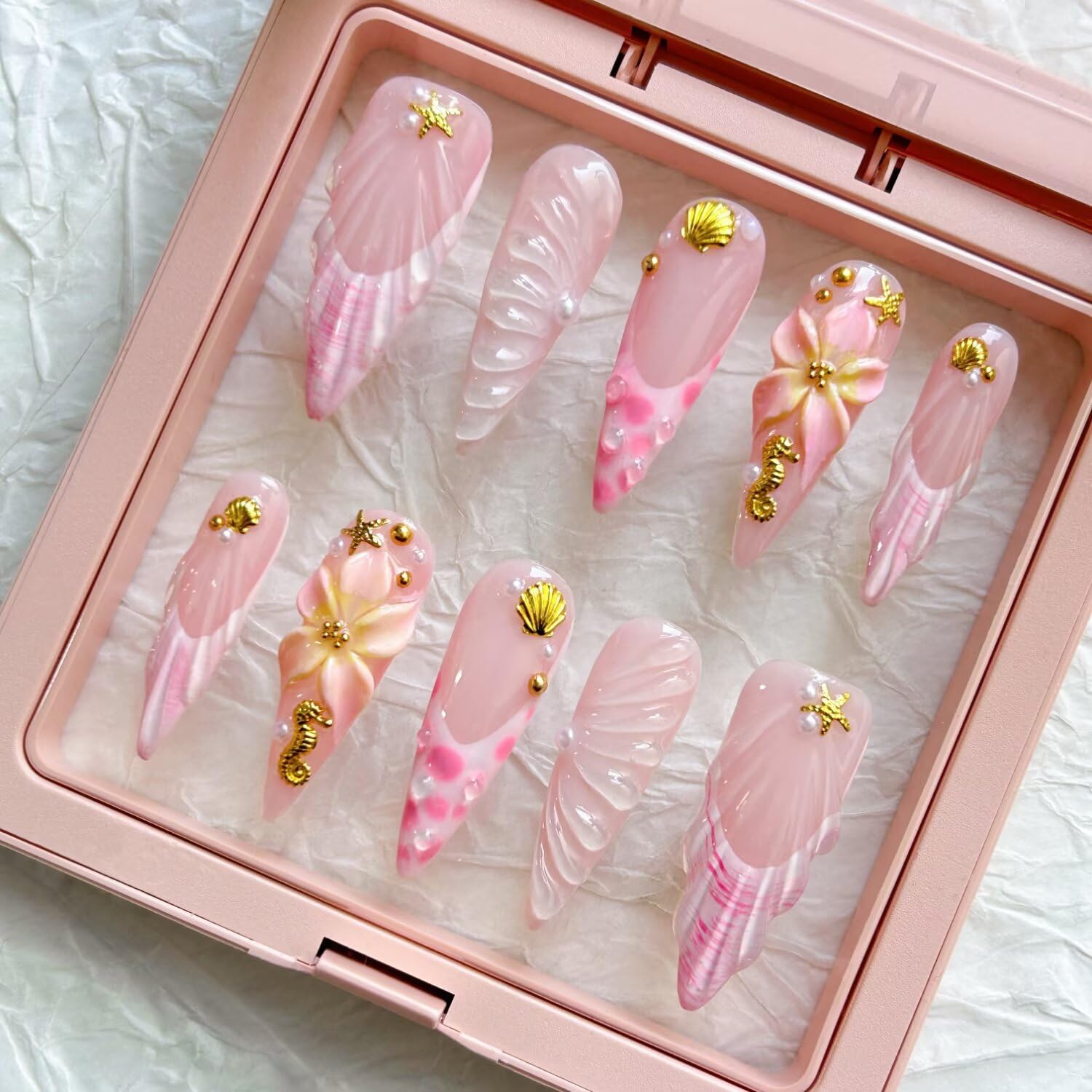 Photo 1 of 10Pcs Press On Nails - MAGLFELL Handmade Stiletto Pink Fake Nails, 3D Pink Carved Flower, and Gold Plated Accessories Design, Reusable Artificial False Nails for Women Acrylic Nails Kit (Size M)