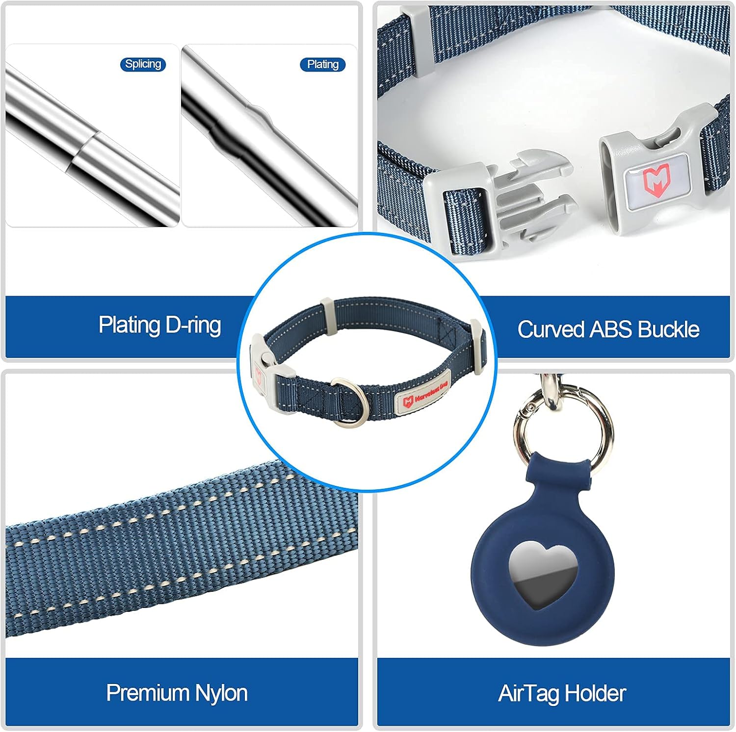 KBLBJ Dog Collar, Premium Reflective Dog Collars for Puppy Small Medium Large Dogs Soft Heavy Duty Nylon Collar with AirTag Holder Adjustable Quick Release Buckle (Gray, L) : Pet Supplies