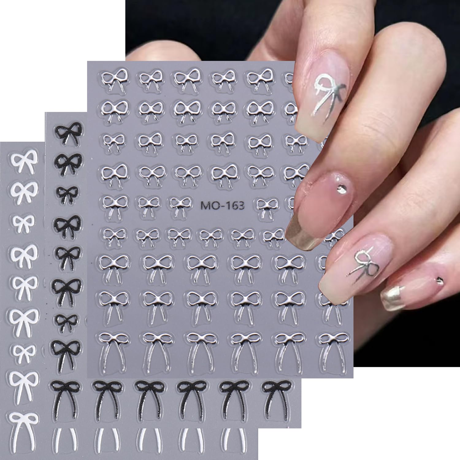 Bow Knot Nail Art Stickers 5D Ribbon Bow Designs Self Adhesive Decals 3 Sheets Cute Nail Art Design Decals Black White Sil...
