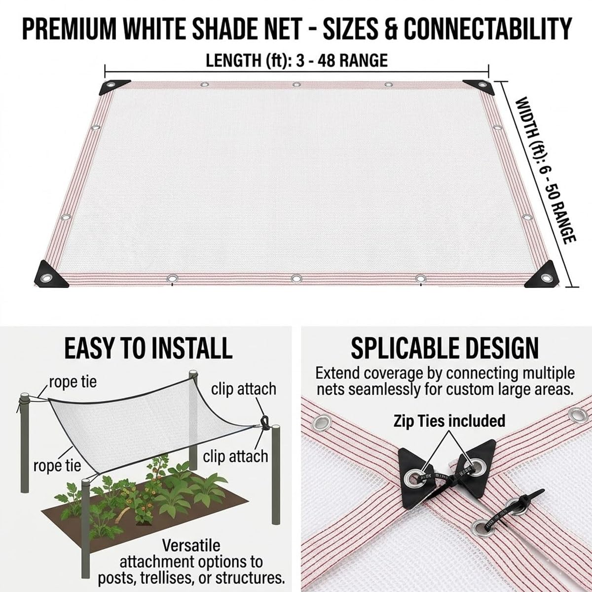 Du White efor Garden 55% siatka chroniąca przed promieniowaniem UV z przelotkami, oddychająca plandeka siatkowa do roślin domowych i (3,7 x 19,5 m)