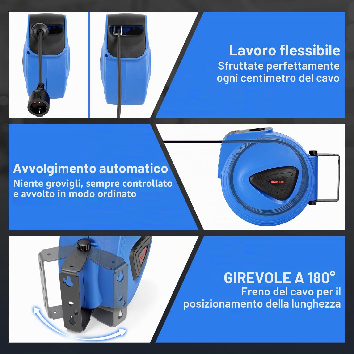 Fiqops Avvolgicavo automatico, 20 m + 1,5 m, montaggio a parete, girevole a 180°, avvolgicavo automatico per officina e stoccaggio, con funzione stop, avvolgicavo (spina singola)