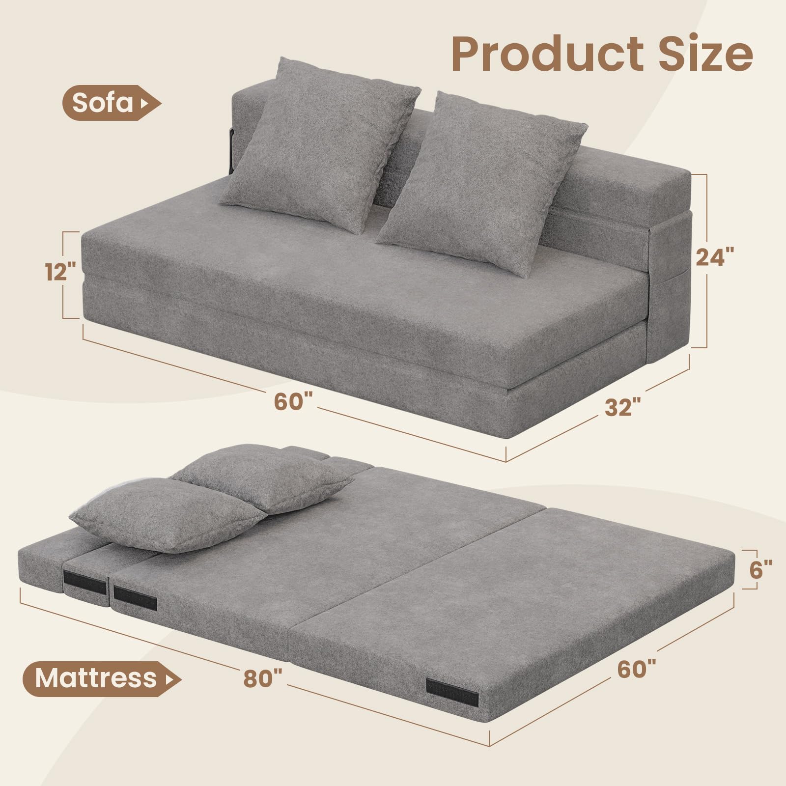 5-in-1 Convertible Folding Sofa Bed Sleeper Chair - Queen, Dark Grey | 60" Fold Out Chair Bed Futon Couch with Pillows, Foldable Floor Mattress for Living Room/Dorm/Guest Use/Home Office/Apartment