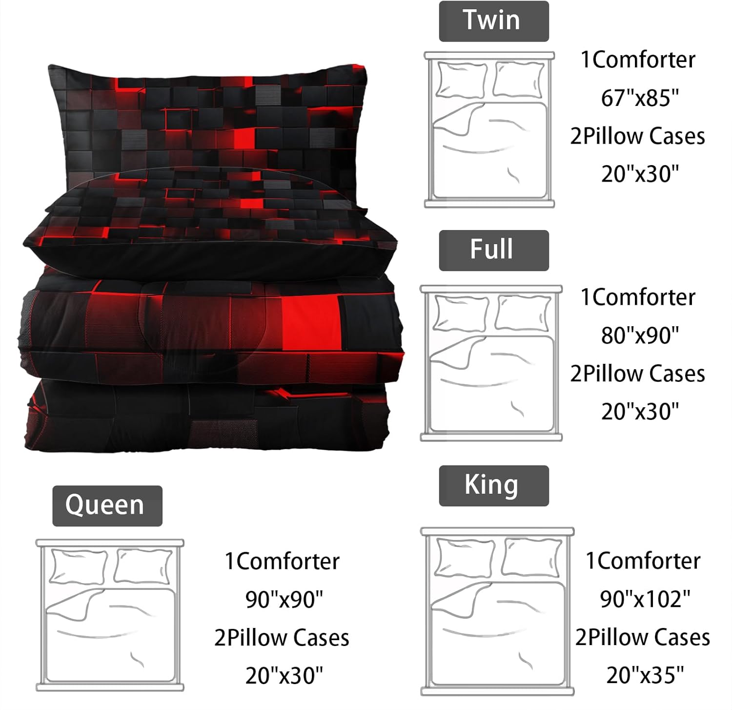 Neon Red Black Comforter Set Twin Geometric Kids Bedding Set,3 PCS Geometry Honeycomb Bed Set Modern Quilt Set 1 Comforter 2 Pillow Cases Cool Room Decor All Season B-Side Black - Image 7