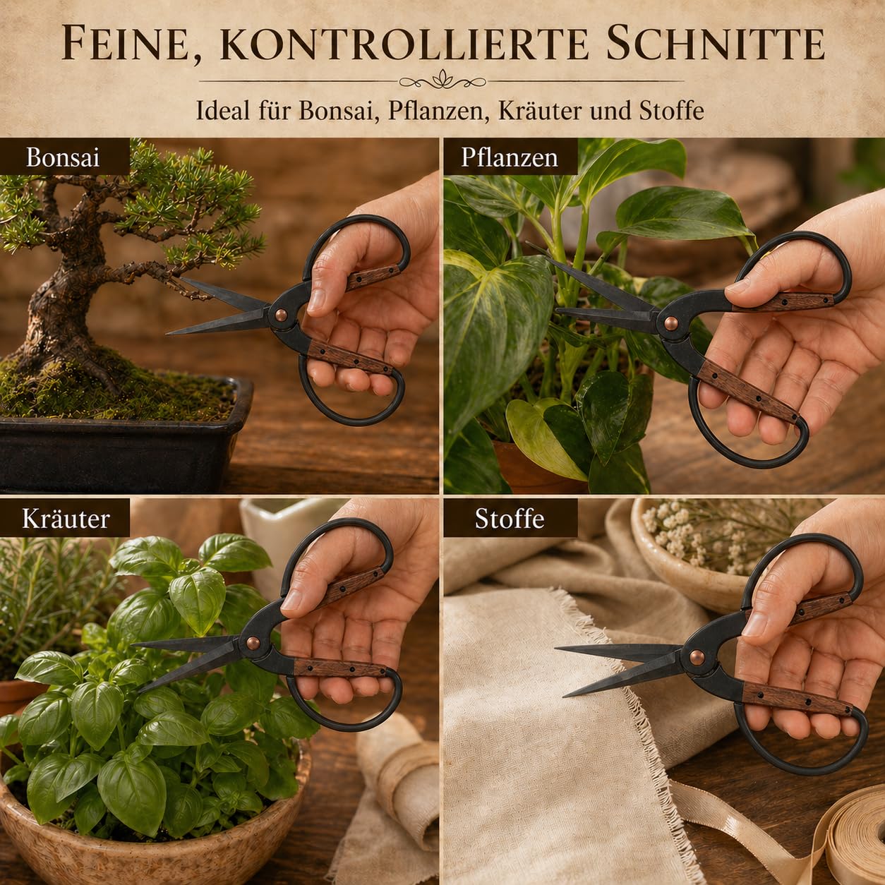 Traditionelle asiatische Bonsaischere, Pflanzenschere, Kräuterschere, Gartenschere, Blumenschere - aus schwarzem Edelstahl mit Walnussholzgriff