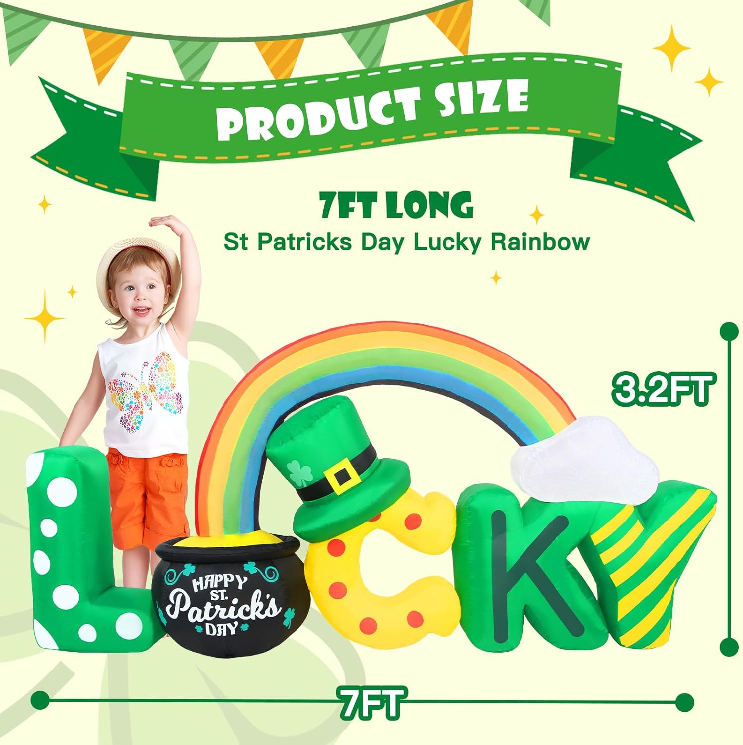 7FT Long St. Patrick's Day Inflatables Outdoor Decoration, Blow up Lucky Letters Yard Decor with Shamrocks Gold Pot & Rainbow, Built-in LED Lights St Patricks Holiday Decorations for Outside Garden