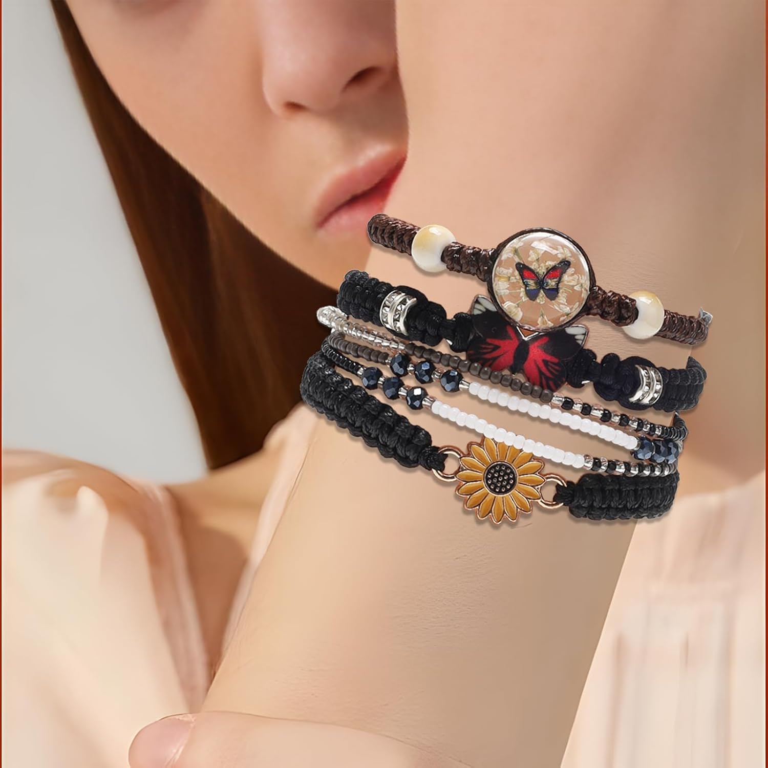 DS 4PCS String beads Charm Bracelets for Teen Girls Dainty cute cartoon Butterfly Daisy Eternal flower Beads Bracelets set for woman and girls Adjustable Stretch bracelet birthday Gift For Friends - Image 4