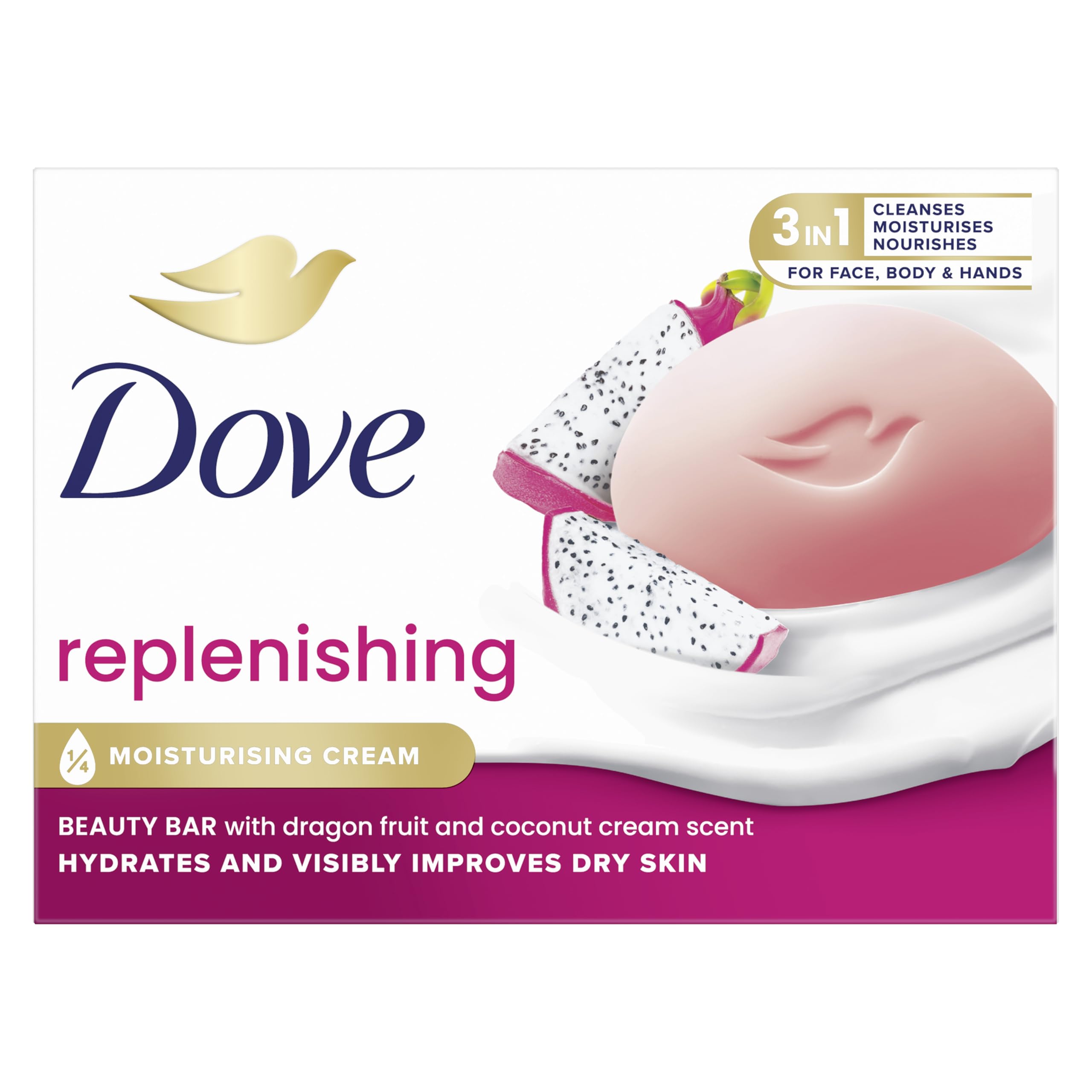 Dove Beauty Bar Seife, Dragon Fruit, Handseife für Gesicht und Körper, mit 1/4 Feuchtigkeitscreme, dermatologisch getestet, 100% feuchtigkeitsspendende Inhaltsstoffe natürlichen Ursprungs, 90 ml