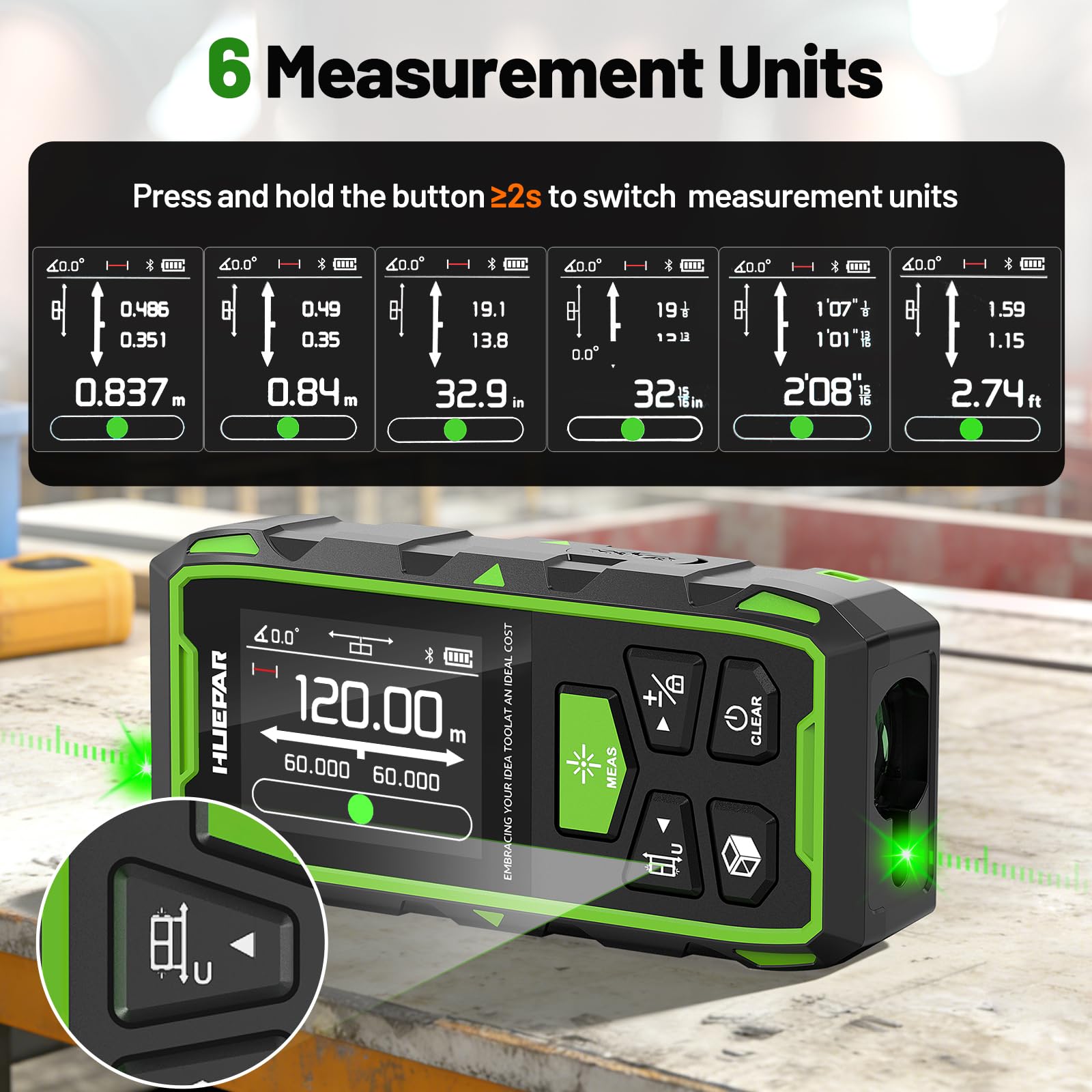 Dual Laser Entfernungsmesser Mit Bluetooth, Huepar 120M Grün Laser Messgerät Entfernungsmesser mit Laser, hintergrundbeleuchtetem LCD, Messung von Entfernung, Fläche Volumen und pythagoreischem Modus