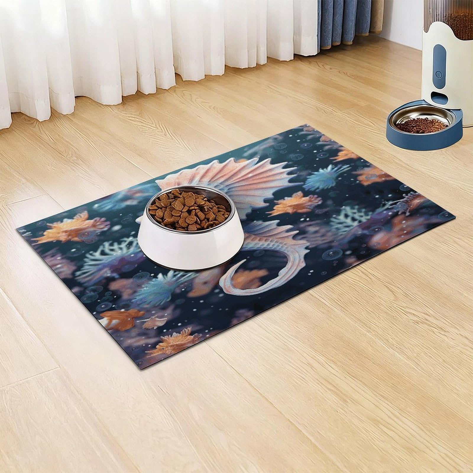 Tapis de nourriture pour chat hippocampe et étoile de mer - Antidérapant - Facile à nettoyer pour la nourriture et l'eau - 43,2 x 76,2 cm