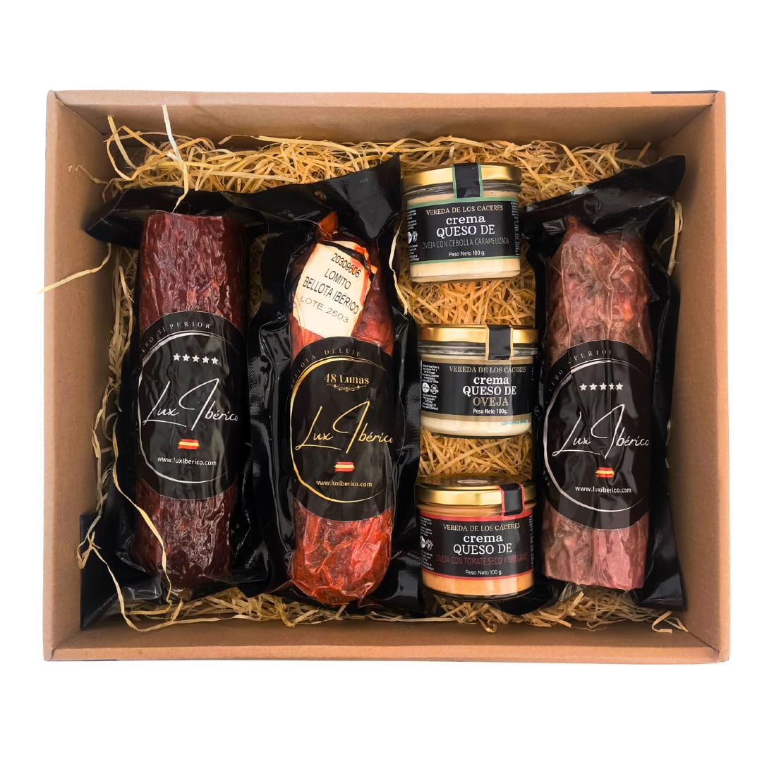 LUX IBÉRICO - Cesta Olissipo, Cremas de Queso y Embutido Ibérico | Cesta gourmet con 3 cremas de queso, velón de chorizo y salchichón ibérico y lomito de bellota, 2,5Kg