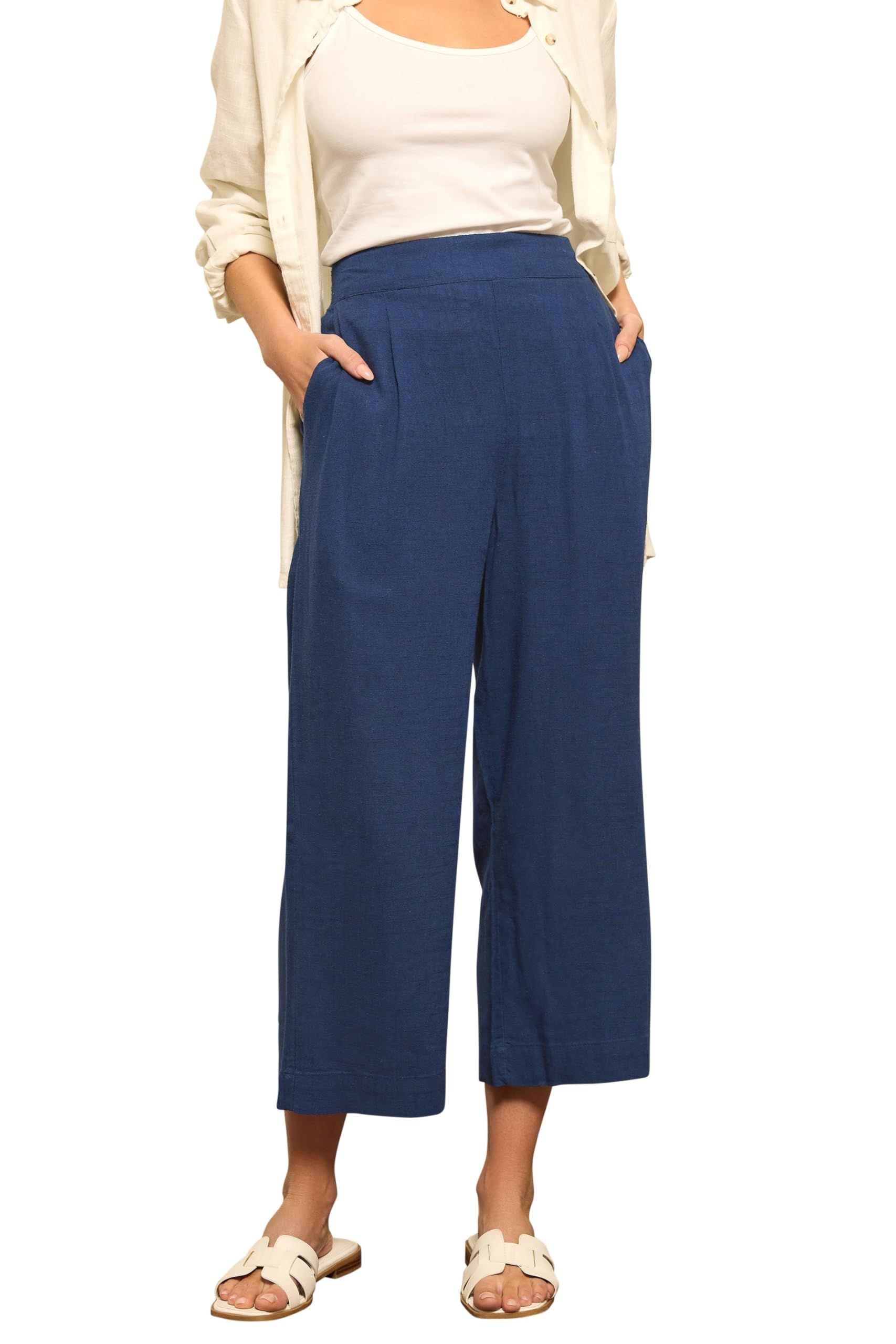 M&Co Women's Navy Blue Cropped Wide Leg Linen Trousers