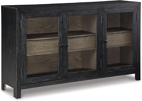 Signature Design by Ashley 60" Black Buffet Accent Cabinet, 3 Glass Doors