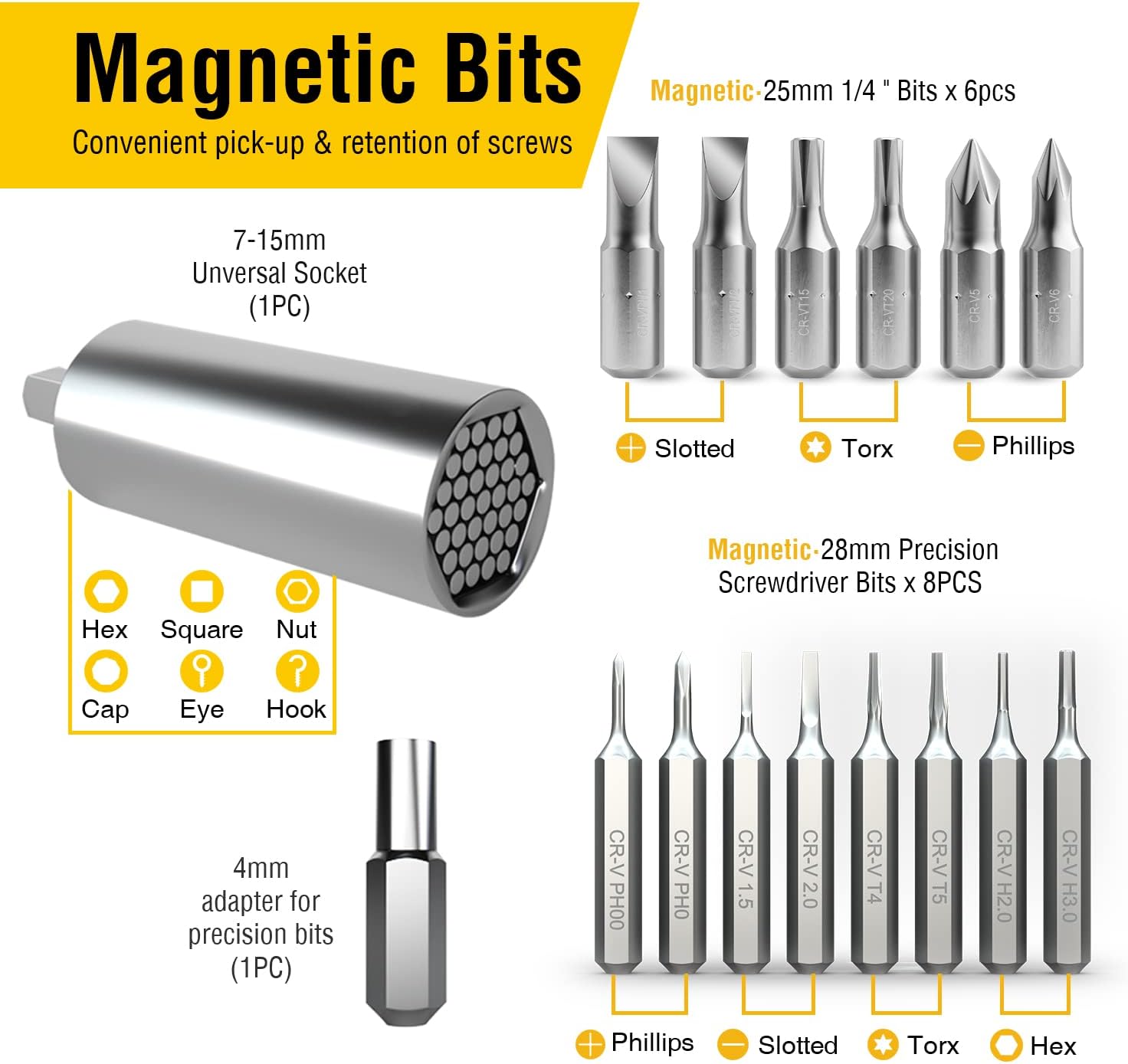 AZUNO 17 IN 1 Ratchet Screwdriver Set with Universal Socket, 3-Position Ratchet,14 CRV Bits Stored in Handle, 6+8 Slotted/Philips/Torx/Hex Sand Blasted Bits and Chrome Plated Precision bits.