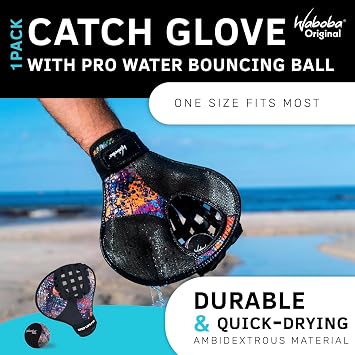 قفاز Waboba Water Pro Catch ومجموعة كرات Pro Water Bouncing Ball لالتقاط الكرات على طراز البيسبول لحمامات السباحة وألعاب الشاطئ، تصميم مناسب للاستخدام باليدين، مقاس واحد أسود/متعدد الألوان، 121C06