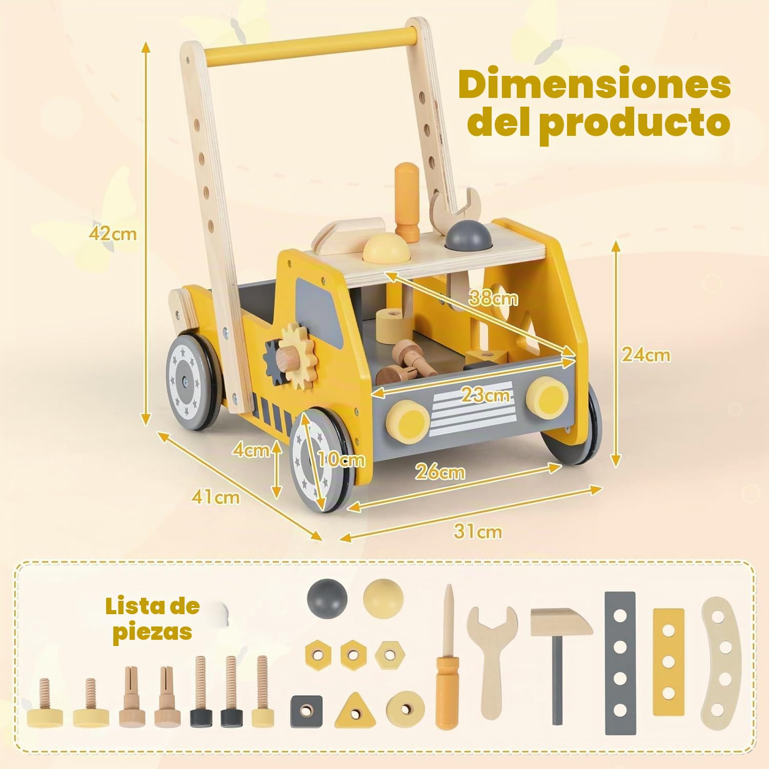 FANTASK Andador de madera, 2 en 1 Baby Walker, andador con centro de actividad múltiple y banco de trabajo, carrito para niños a partir de 1 año en interior