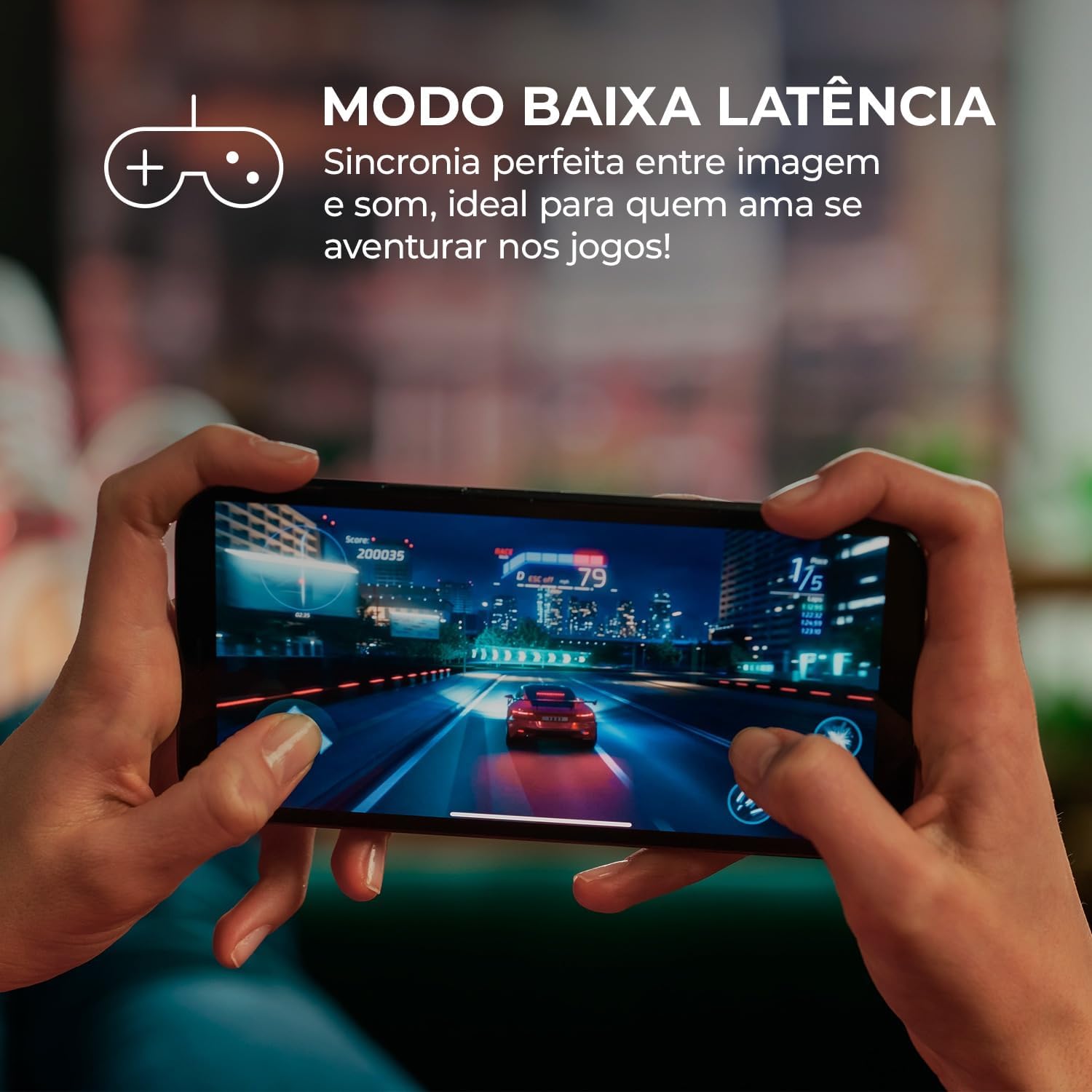 Person playing a mobile game with earbuds, illustrating low latency mode