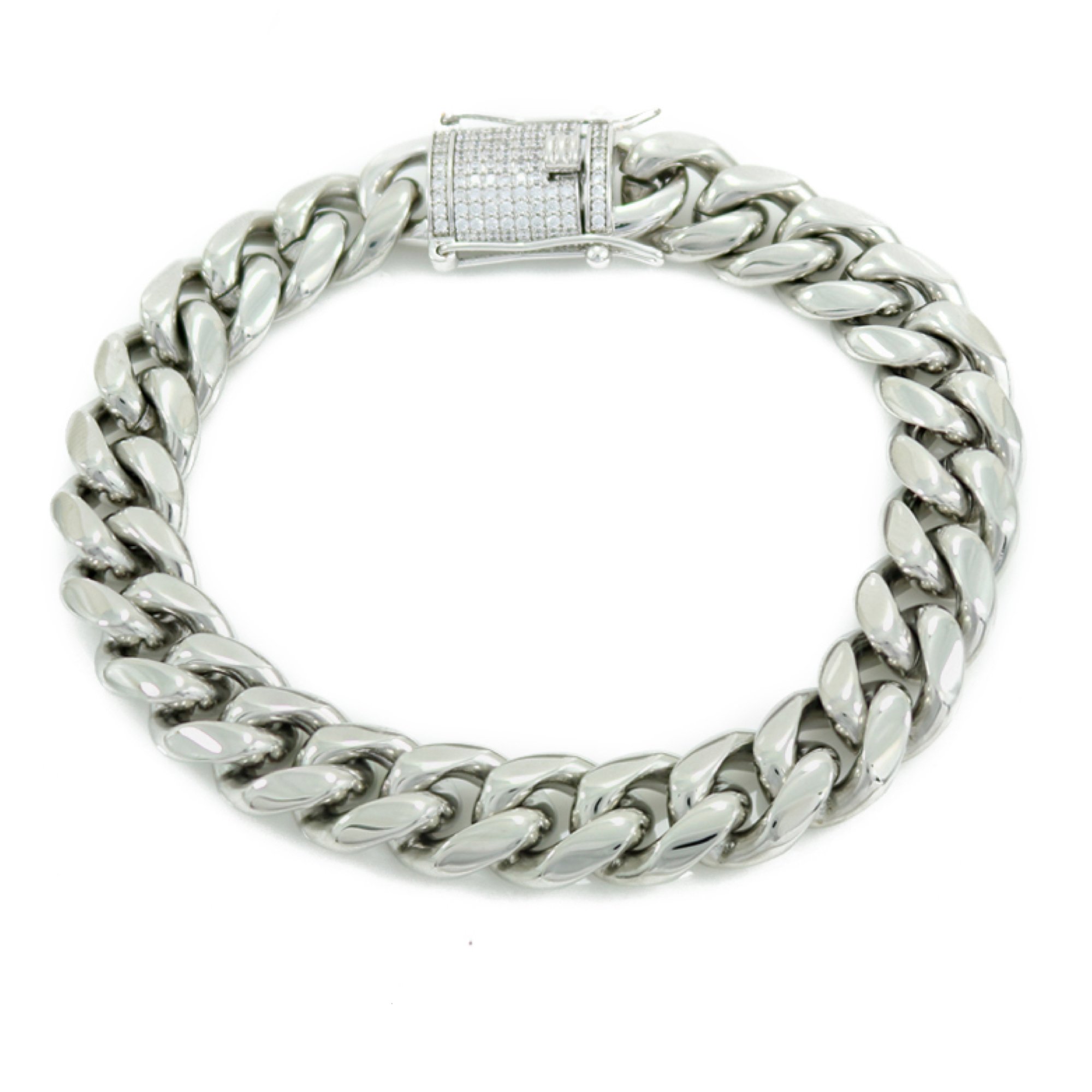 Pulsera de eslabones cubanos de 8 mm de 8,5 pulgadas de acero inoxidable chapado en oro blanco de 14 quilates, plata 925 con cierre de diamante de laboratorio de 1 ct