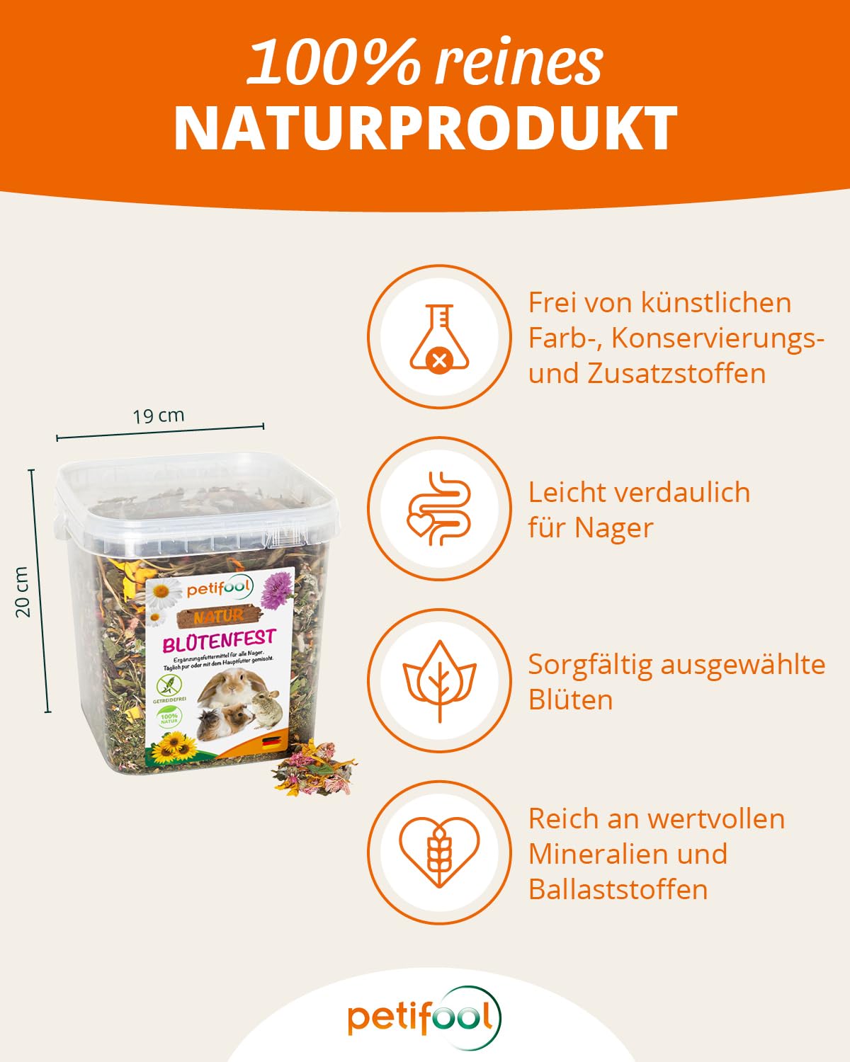 petifool Fiore resistente, 380 g, mangime complementare per roditori, mangime naturale per conigli, porcellini d'India, criceti, cincillà e molto altro ancora, senza additivi artificiali, 100%