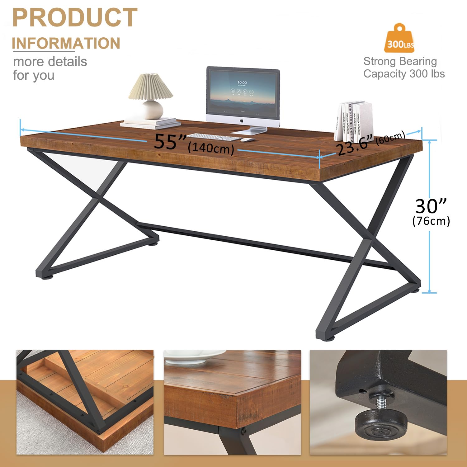 IBF Escritorio de madera maciza, 140 cm, mesa de ordenador con estructura de metal, rústico, para oficina, salón, dormitorio, estudio, marrón